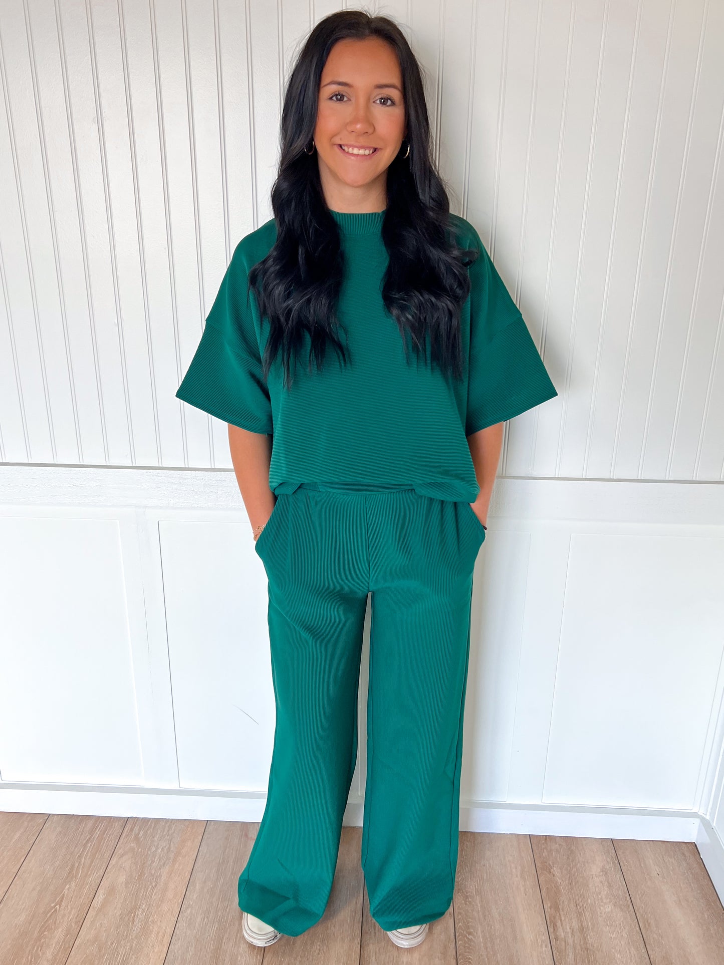 Jovie Ribbed Round Neck Tee & Pants Set – Soft Knit Two-Piece Lounge Outfit - Hunter Green-Outfit Sets-Zenana-FD 11/6/25-The Twisted Chandelier