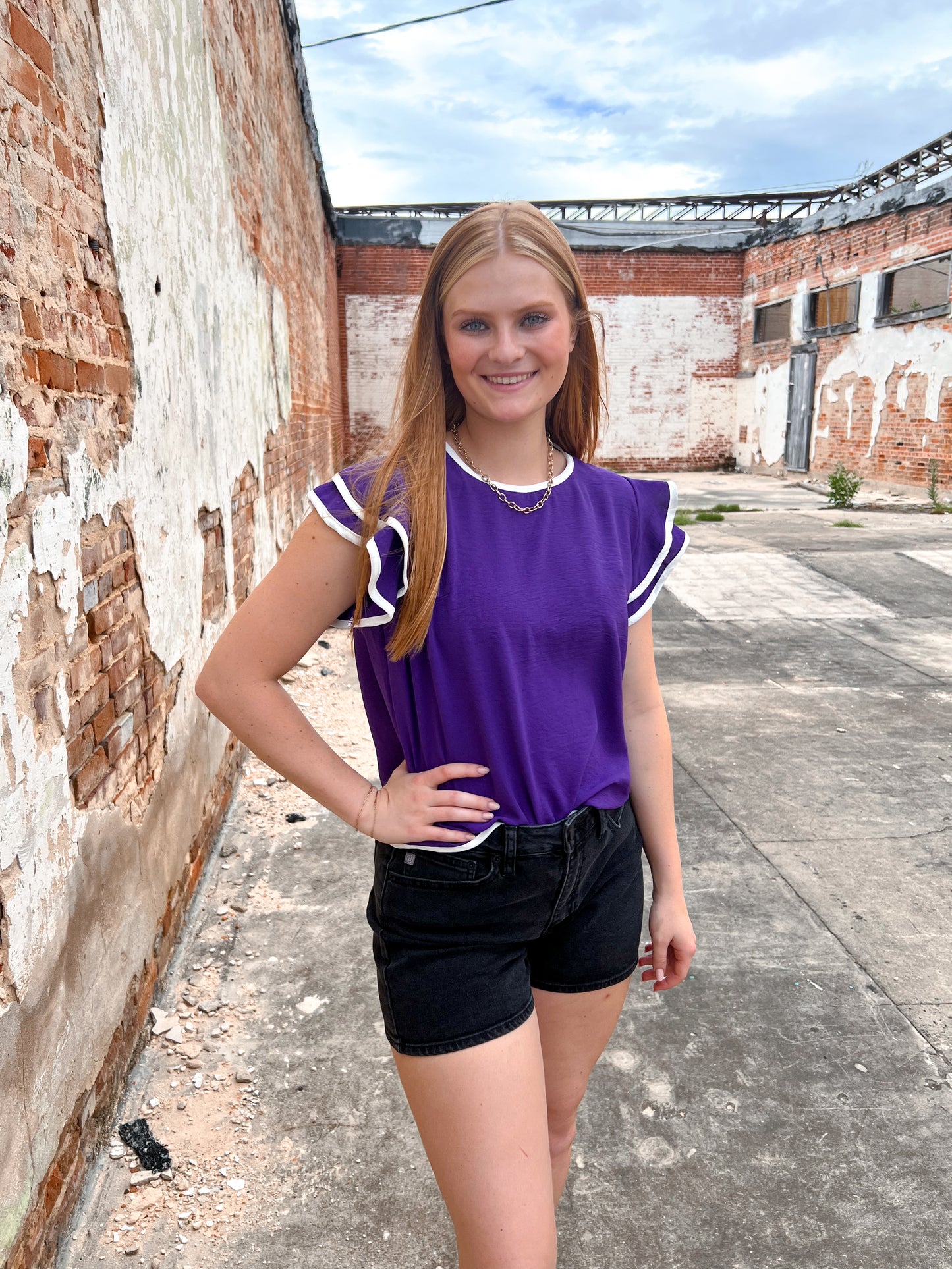 Maria Ruffle Sleeve Contrast Piping Top - Purple-Apparel & Accessories-She & Sky-10/11/24, 1st md, BIN A2, gameday, OGP 39.99, SY6057, Tops Collection-The Twisted Chandelier