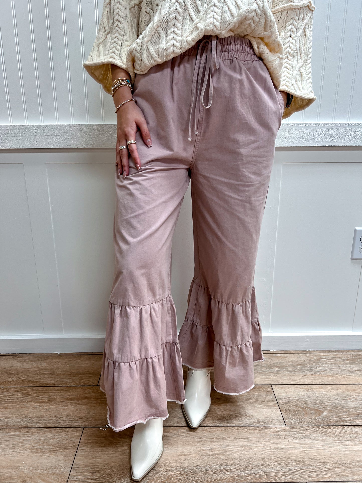Willow Stone Washed Woven Tiered Ruffle Wide Leg Pants-Sewn and Seen-bottoms,FD 02/09/26-The Twisted Chandelier