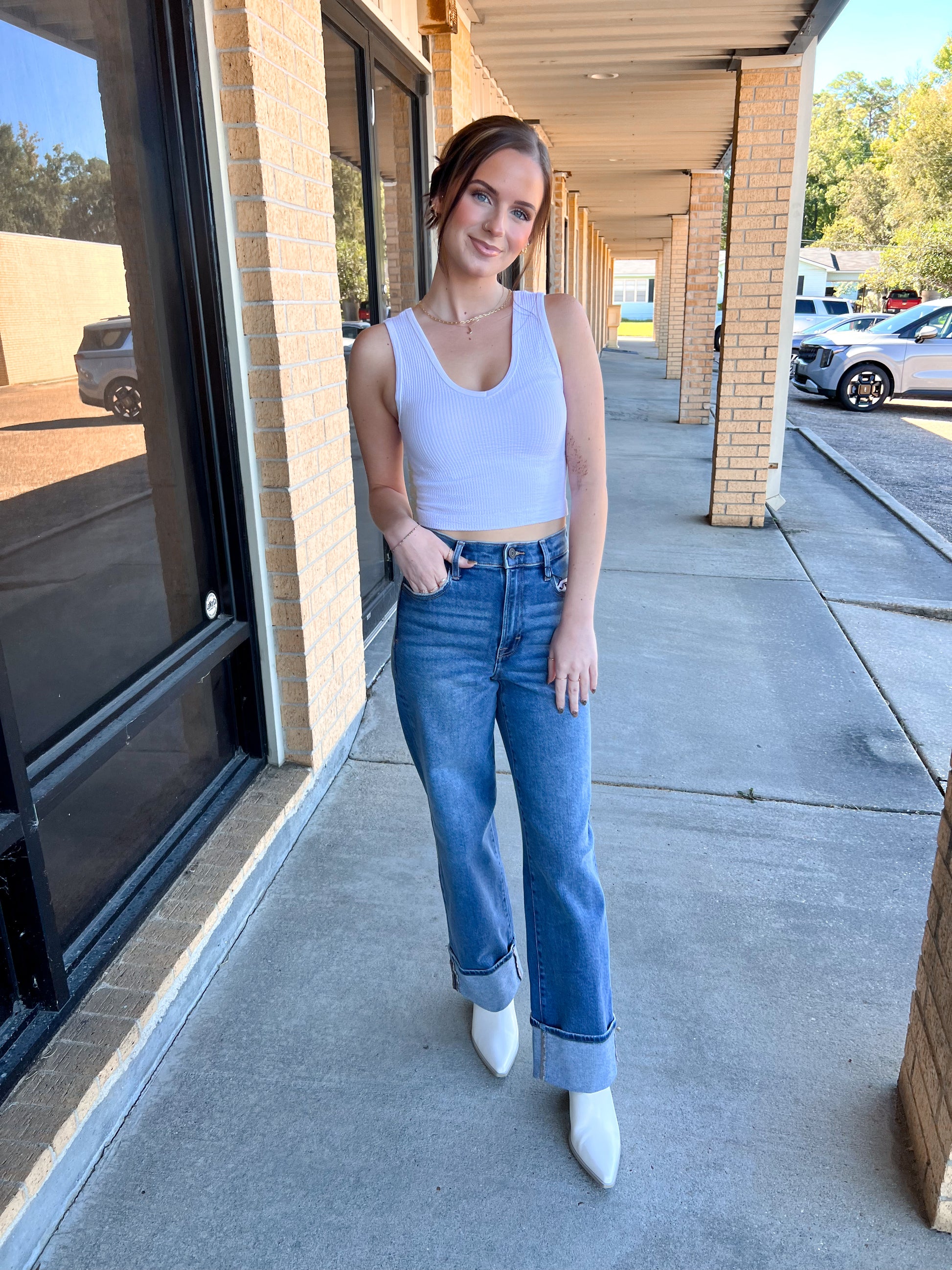 Logan Dark Wash Cuffed Stretch Clean Dad Jeans-Hidden Jeans-Bin a4,Bin b6,bottoms,Fd 8/5/25-The Twisted Chandelier