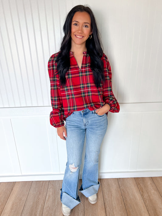 Clara Christmas Plaid Ruffled V-Neck Top with Balloon Sleeves-Blouse-BiBi-FD 11/6/25-The Twisted Chandelier