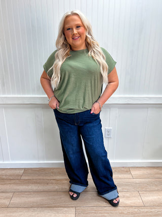 Addie Slub Cuffed Sleeve Tee - Plus - Olive-Top-ZENANA-Fall Favorites,NewArrival,Tops Collection-The Twisted Chandelier