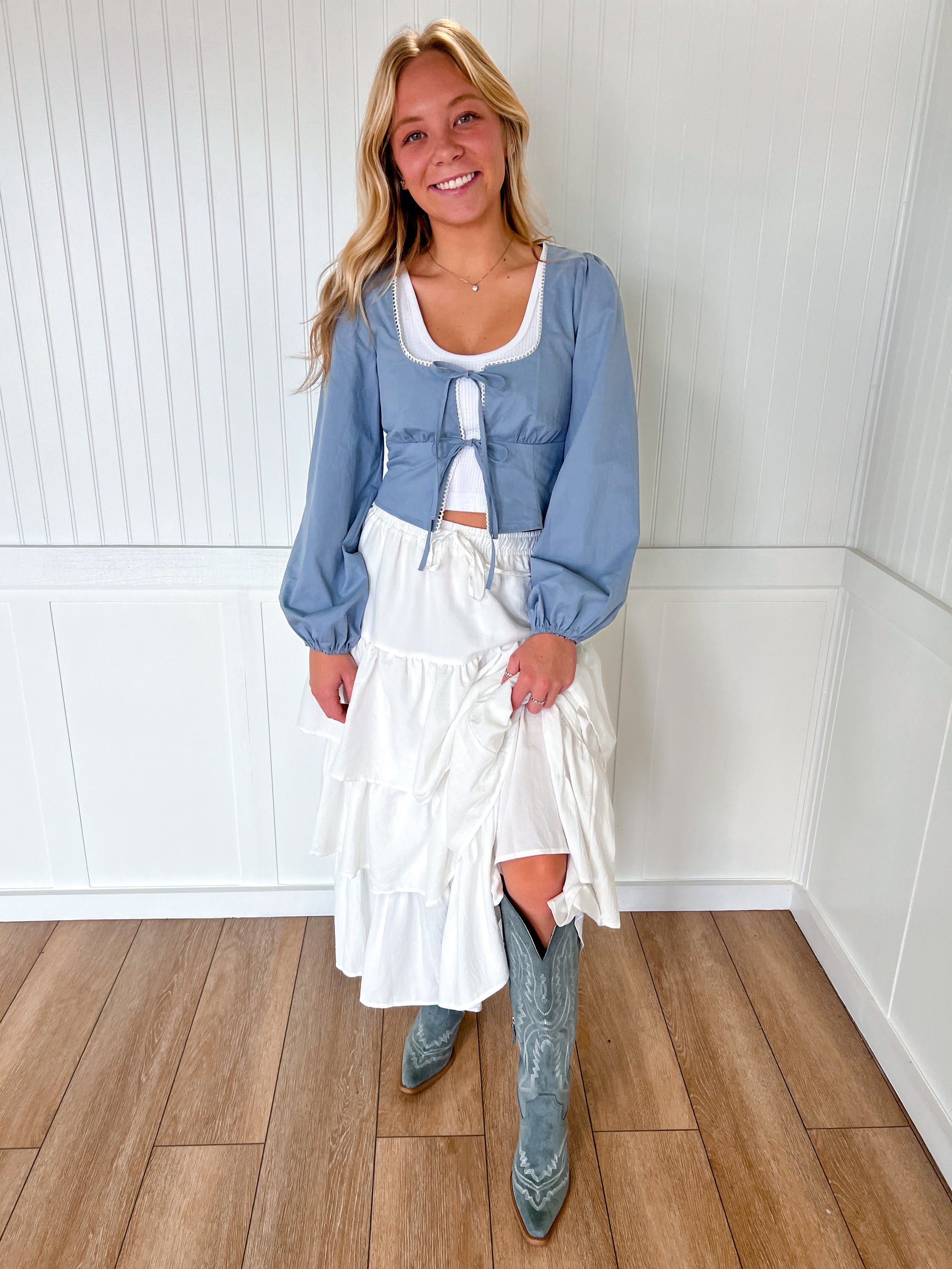 Lena Puff Long Sleeve Scoop Neck Lace Trimmed Blouse-Shirts & Tops-LE LIS-05/14/25,06/30/25,1st md,Bin a4,FD 02/25/25,OGP 44.95,Tops Collection-The Twisted Chandelier