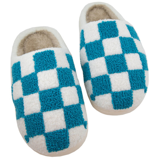 Teal Checkered Pattern Slippers-SHOES-KATYDID-FD 03/12/24-The Twisted Chandelier