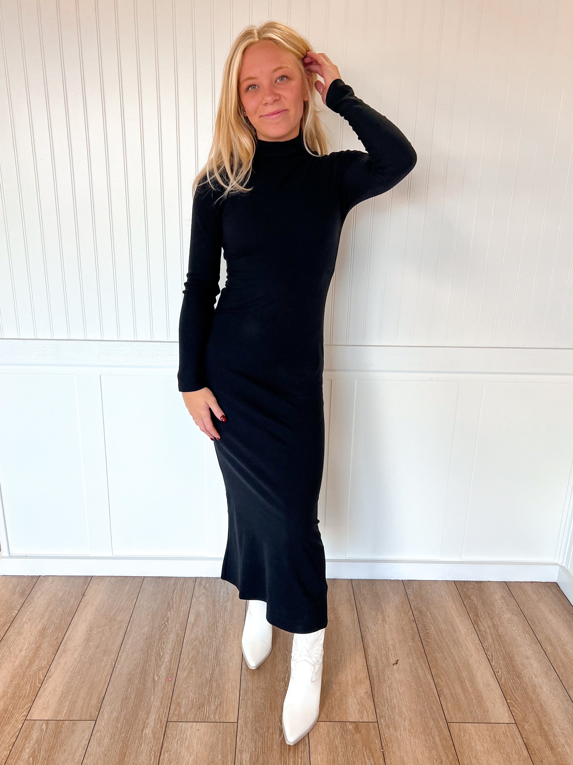 Layla Long Sleeve Turtle Neck Brushed Rib Long Dress-Active Basic | Active USA-The Twisted Chandelier