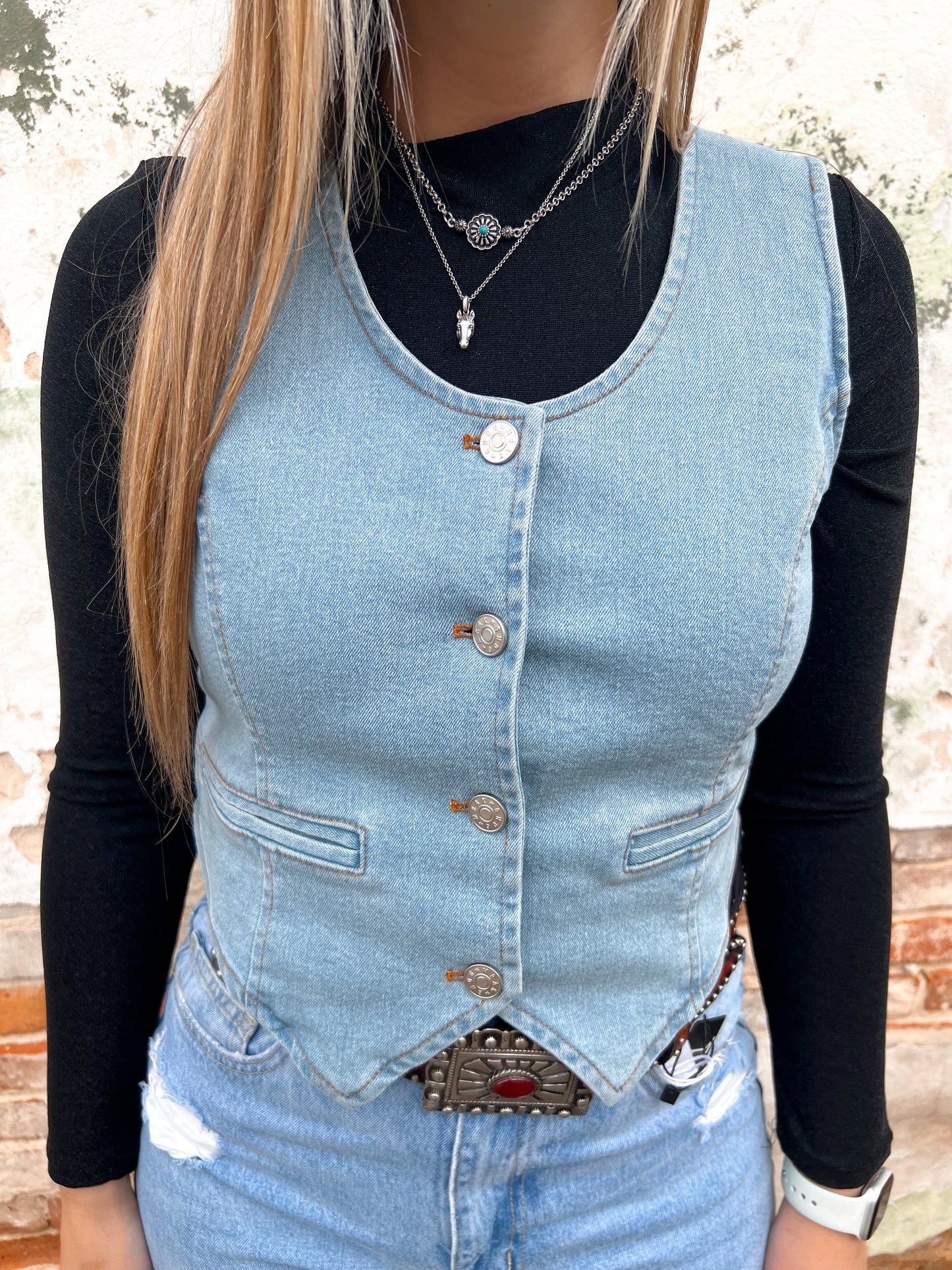 Aleah Light Wash Denim Vest-vest-Saints & Hearts-05/10/24, 1st md, bin c3, FD 03/05/24, OG Price $53.50, SIJ5219A, Tops Collection-The Twisted Chandelier