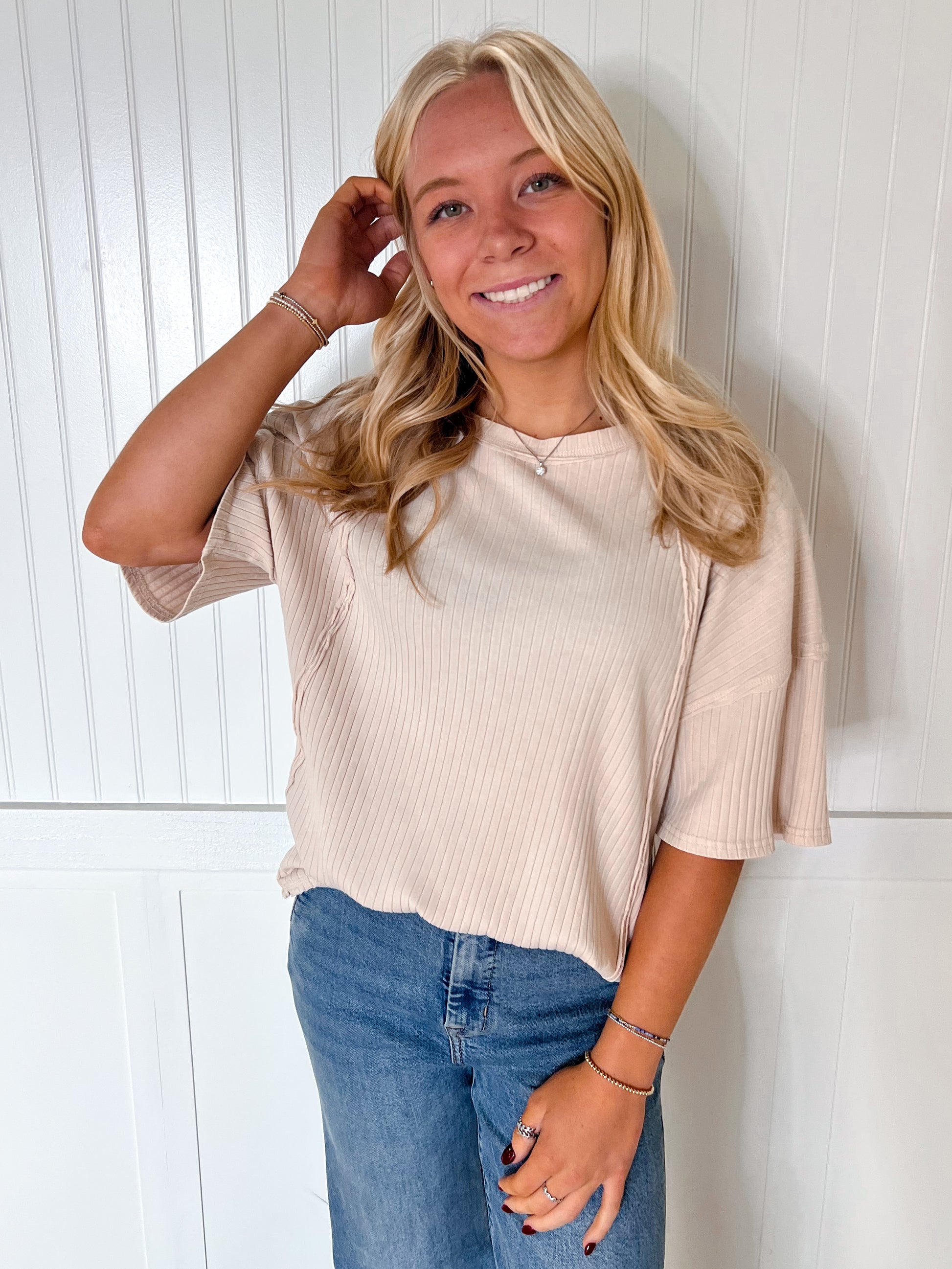Cassie Mineral Washed Oversized Ribbed Knit Casual Top - Beige-VERY J-Bin B4,FD 8/5/25,OGP 37.50,Tops Collection-The Twisted Chandelier