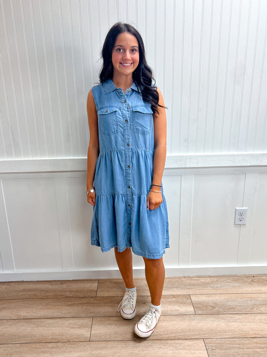 Dallas Sleeveless Pocket Detail Button Down Lyocell Dress
