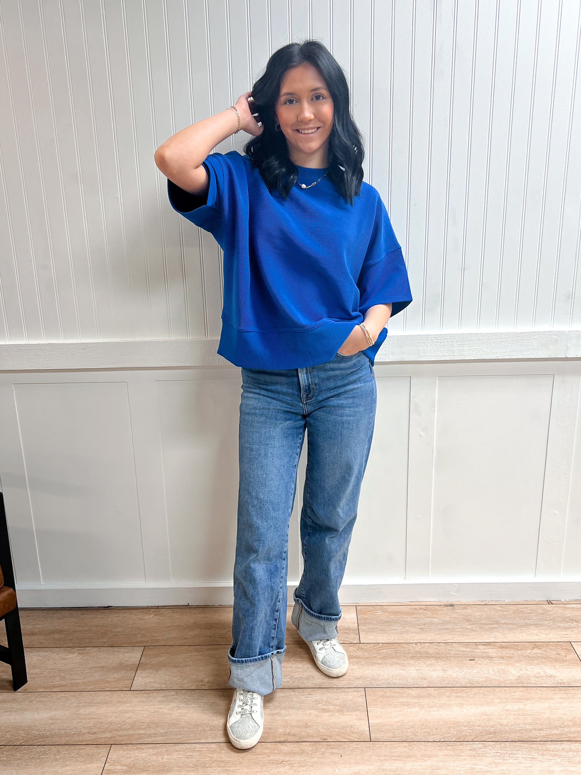 Kinsley Ribbed Round Neck Waist Banded Tee Shirts - Classic Blue-Zenana-FD 03/12/26,Tops Collection-The Twisted Chandelier
