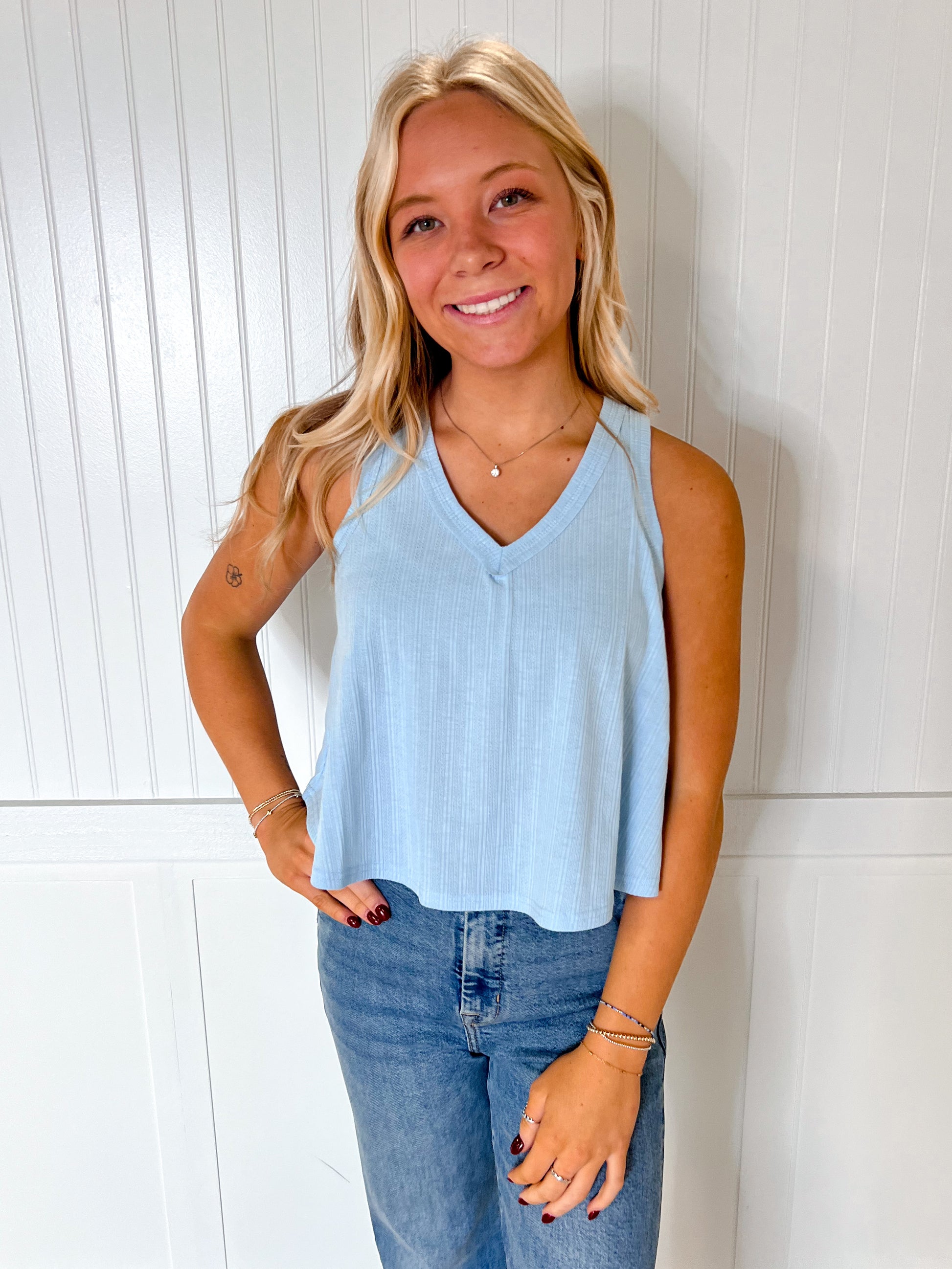 Marda Sleeveless Soft Knit Swing Crop Top - Blue-VERY J-07/24/25,1st md,Bin B5,FD 6/24/25,OGP 28.99,Tops Collection-The Twisted Chandelier