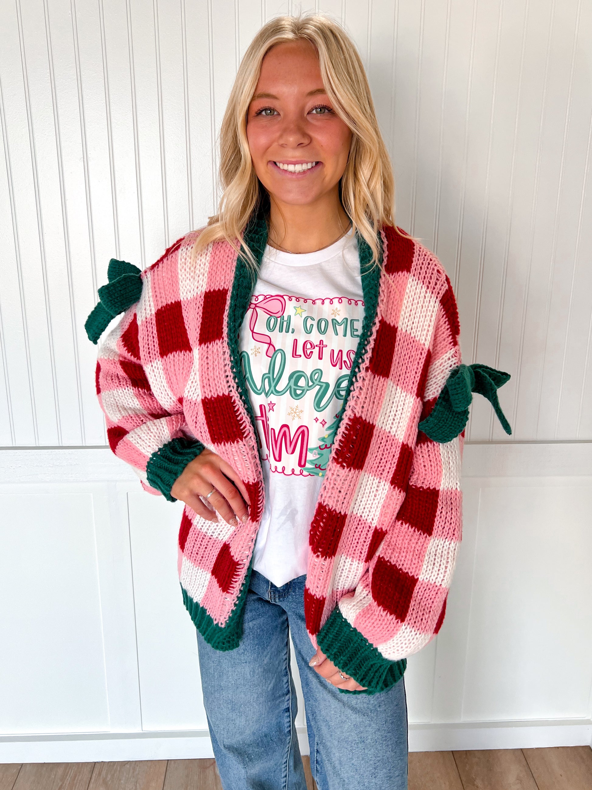 Tinsley Christmas Checkered Open Front Cardigan with Ribbon Sleeve Detail-Cardigan-BiBi-FD 11/6/25-The Twisted Chandelier