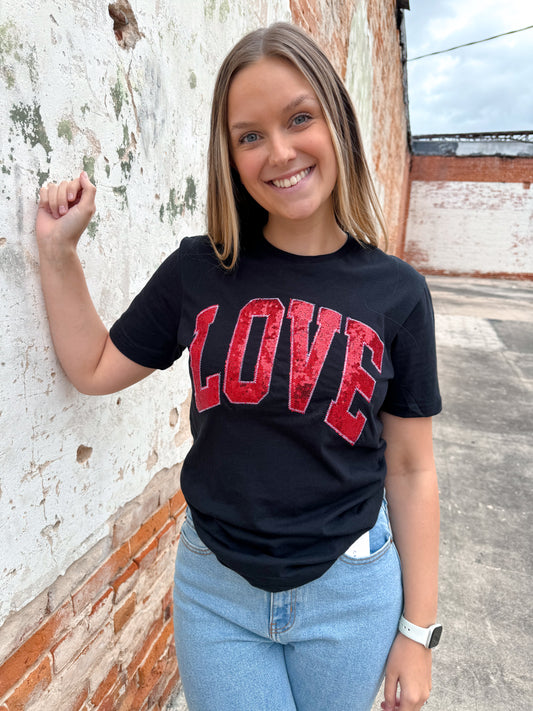 Black Arched Love Short Sleeve Embroidered Patch Tee-Graphic T-Shirt-Southern Belle Wholesale-Bin C1, Max Retail-The Twisted Chandelier