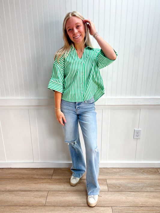 Caroline Striped Elbow Sleeve Collared Button-Down Top