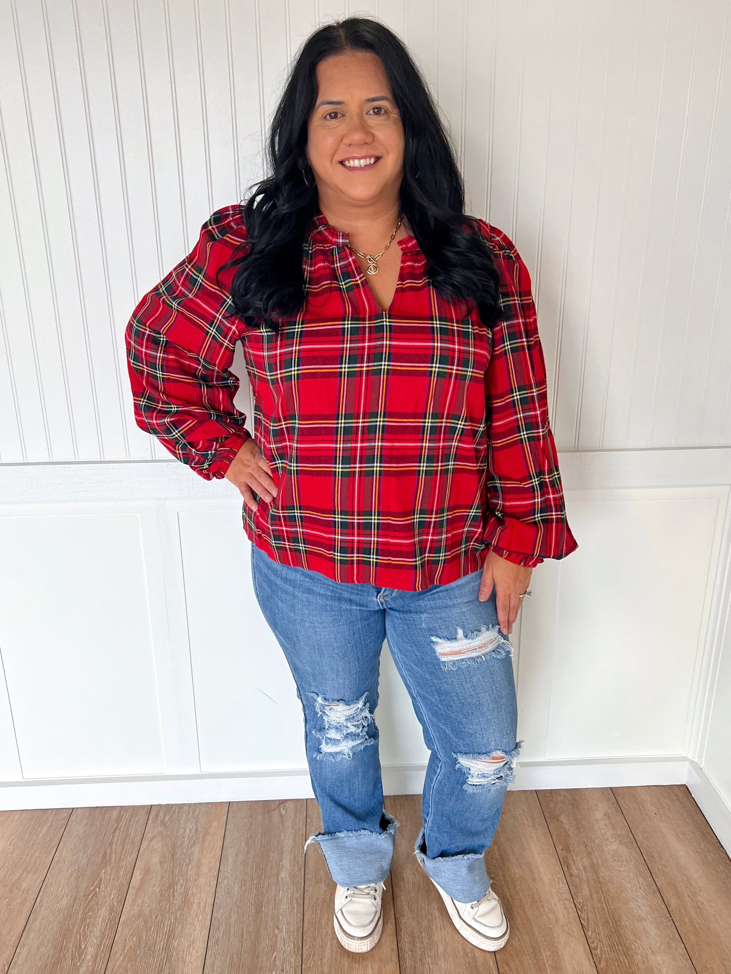 Clara Christmas Plaid Ruffled V-Neck Top with Balloon Sleeves-Blouse-BiBi-FD 11/6/25-The Twisted Chandelier