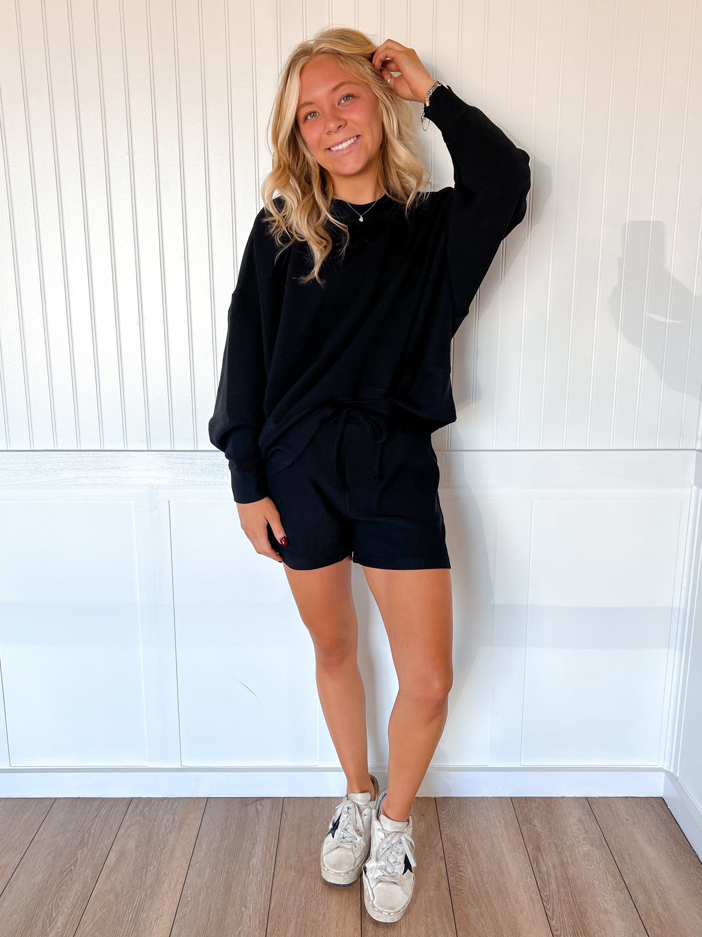 Nila Ribbed Round Neck Pullover and Short Set - Black-Zenana-The Twisted Chandelier