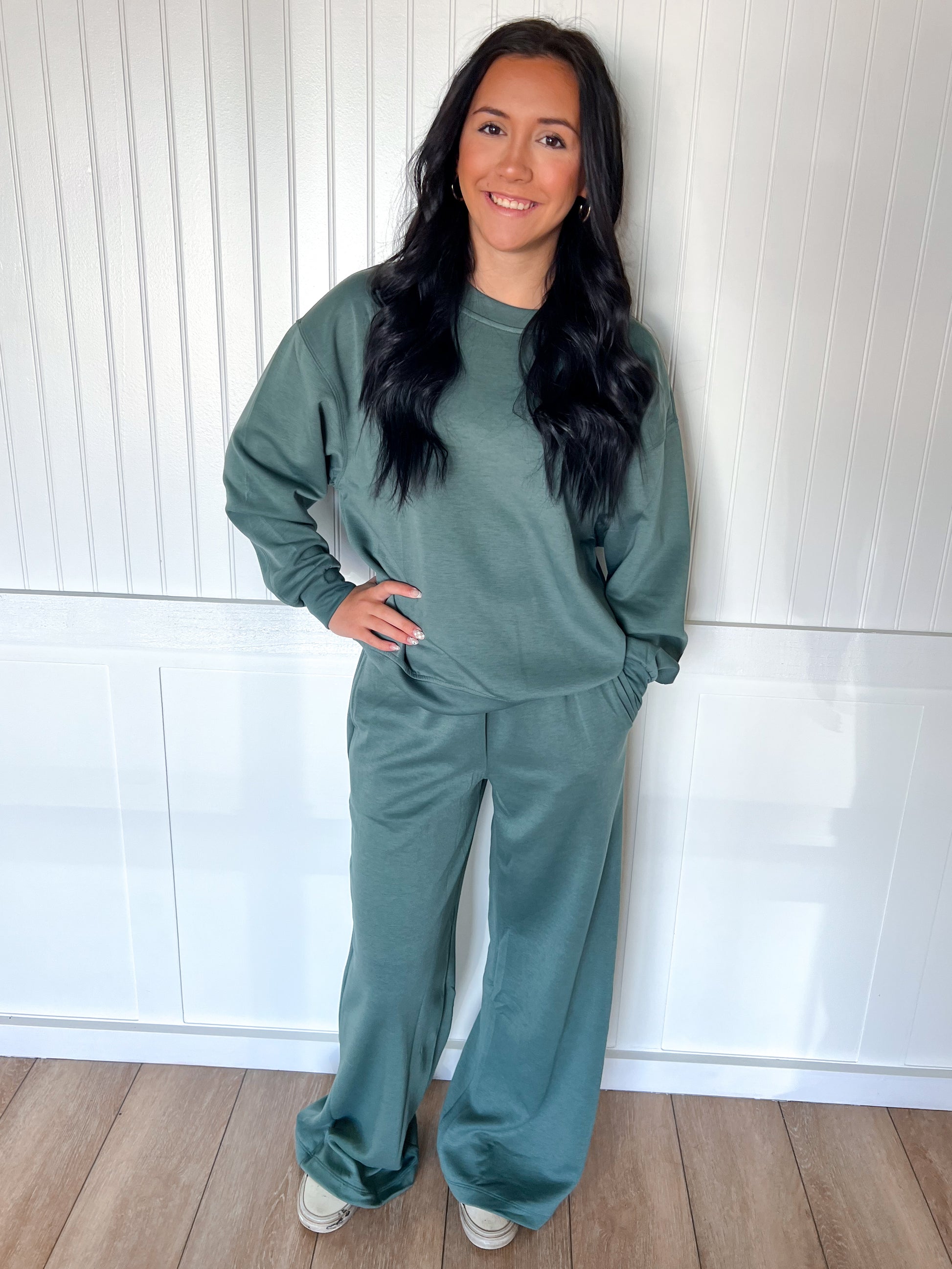 Mabel Cozy Scuba Crewneck Pullover & Wide Leg Pants 2-Piece Set-Outfit Sets-Zenana-FD 11/6/25-The Twisted Chandelier