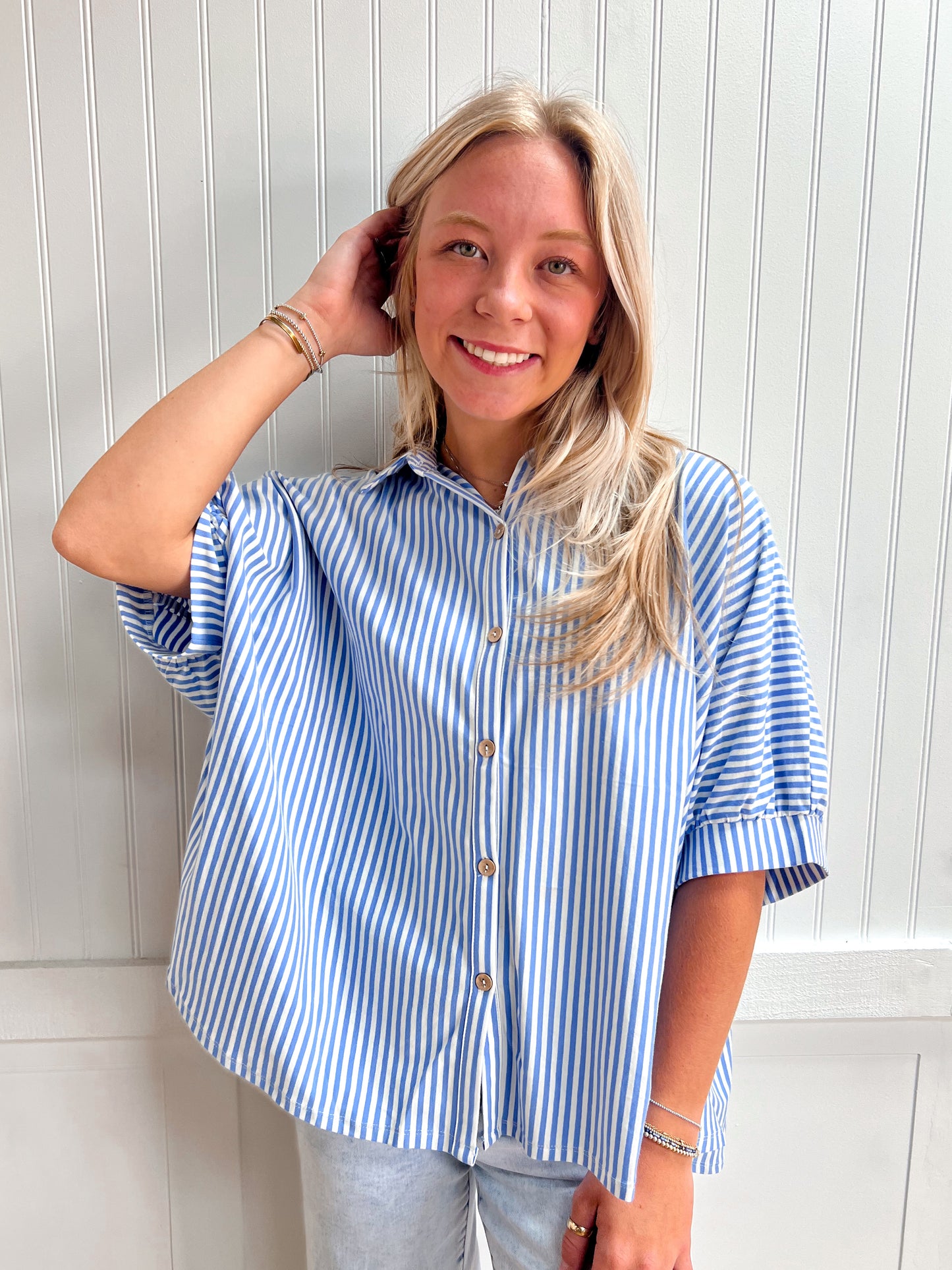 Merritt Oversized Stripe Button-Down Stretch Knit Shirts-Top-Zenana-FD 05/26/26,Tops Collection-The Twisted Chandelier