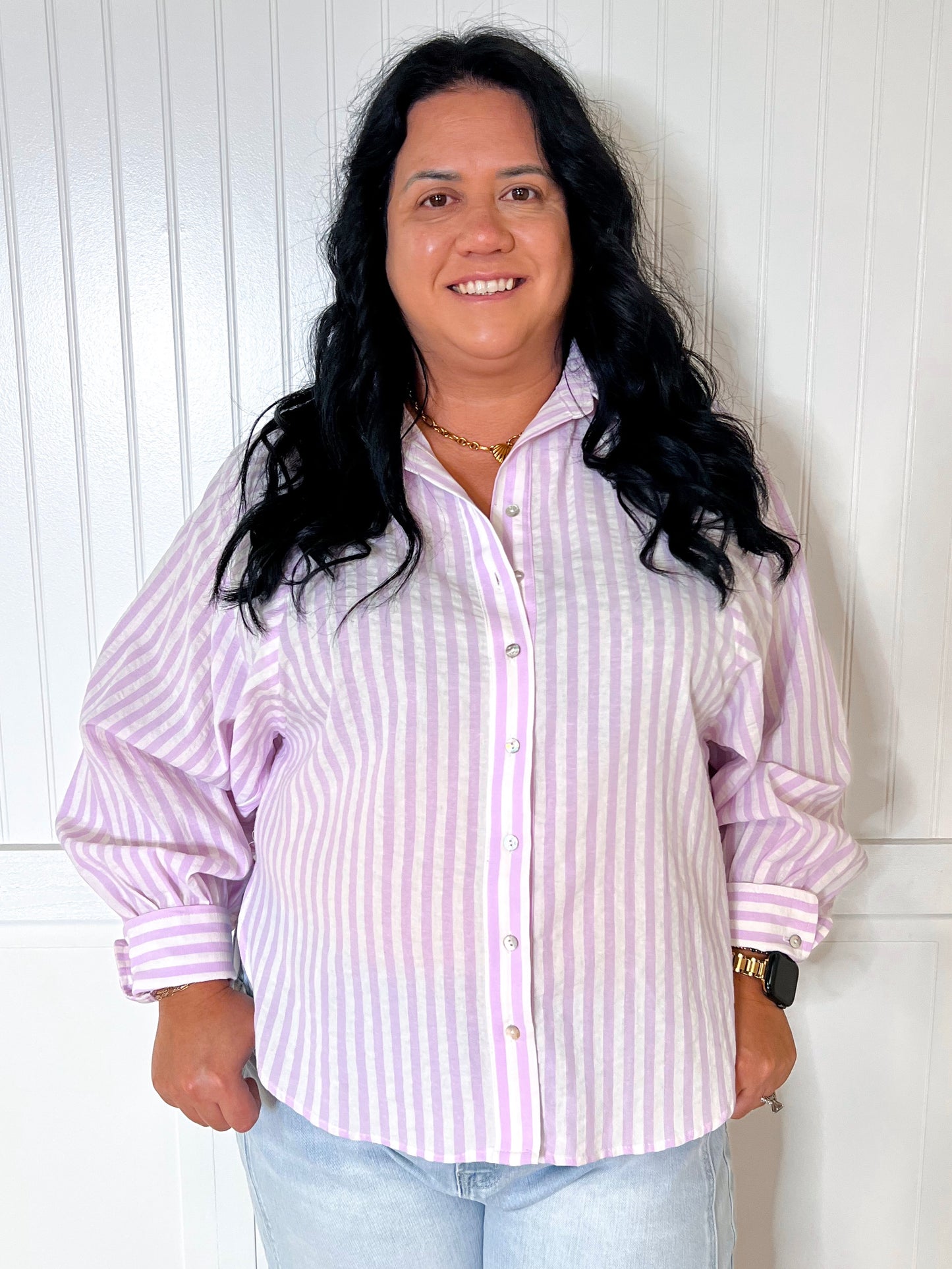Blayne Button Down Cotton Lavender Striped Shirt-in february-05/14/25,1st md,BIN D3,FD 02/18/25,Tops Collection-The Twisted Chandelier