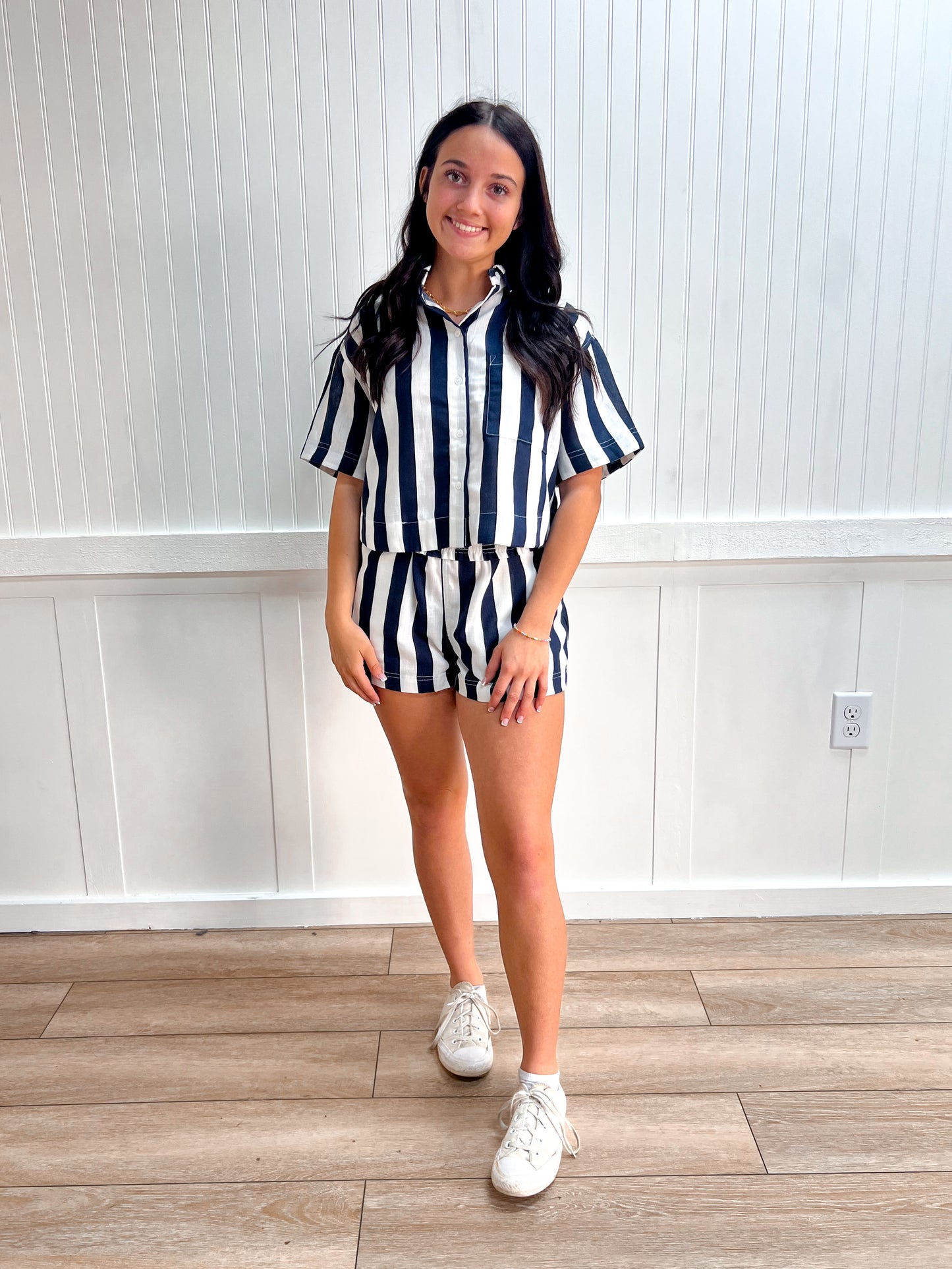 Indie Short Sleeve Shirt & Wide Stripe Linen Effect Shorts Set-Active Basic | Active USA-The Twisted Chandelier
