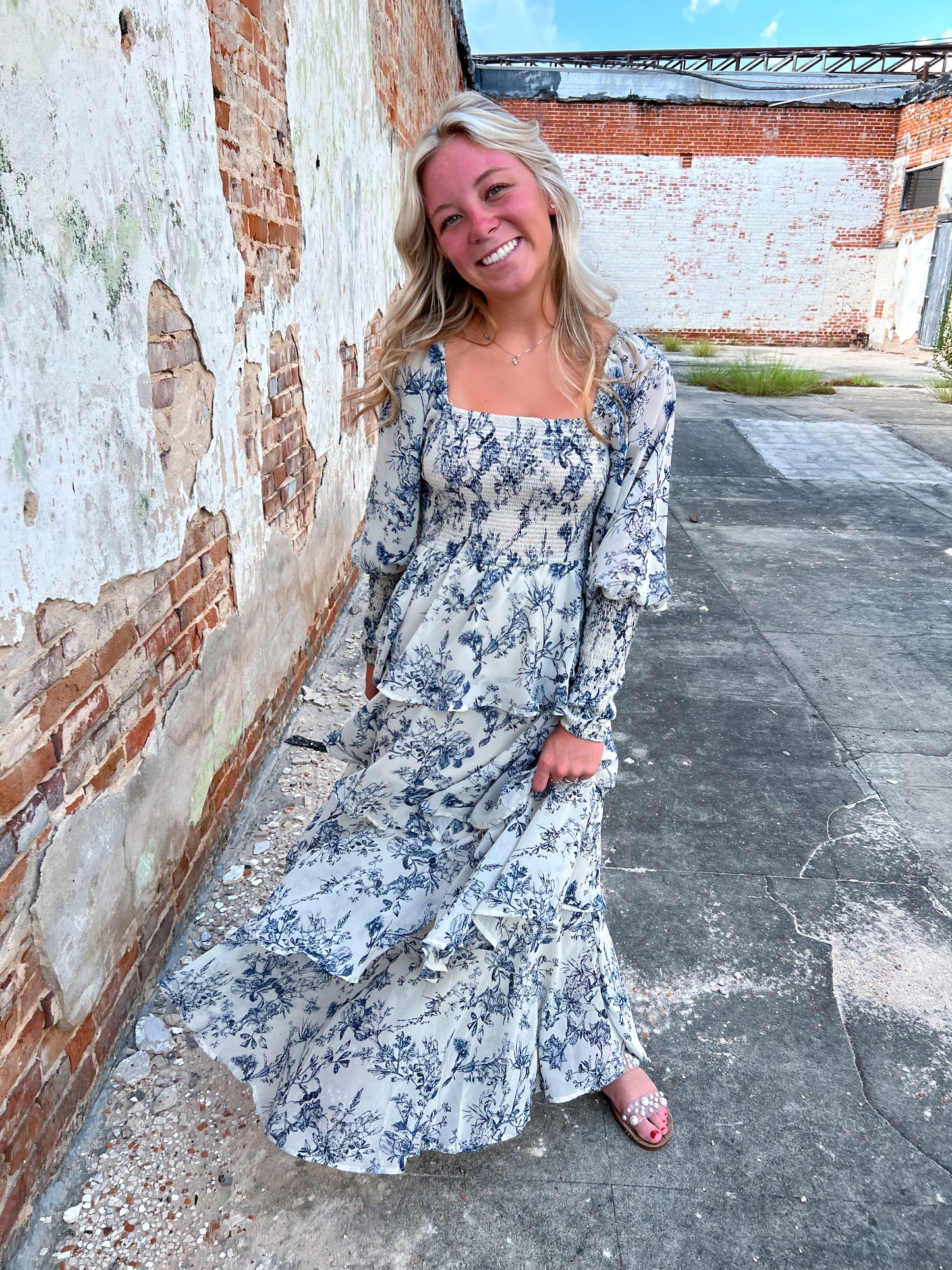 Josephine Floral China Print Long Sleeve Tiered Maxi Dress-Maxi Dress-Entro-BIN A5, CR 08/21/24-The Twisted Chandelier