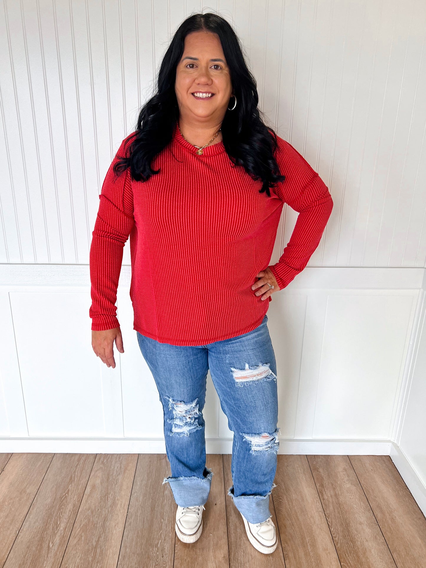 Ellis Raised Rib Raw Edge Boat Neck Long Sleeve Top – Soft Ribbed Knit Pullover-Blouse-BiBi-FD 11/6/25-The Twisted Chandelier