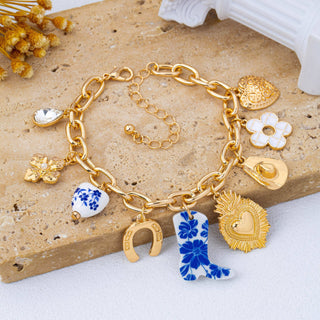 Blue & White Floral Western Charm Link Bracelet | 80B1803-JOSSLYN by wall to wall-Gold-The Twisted Chandelier