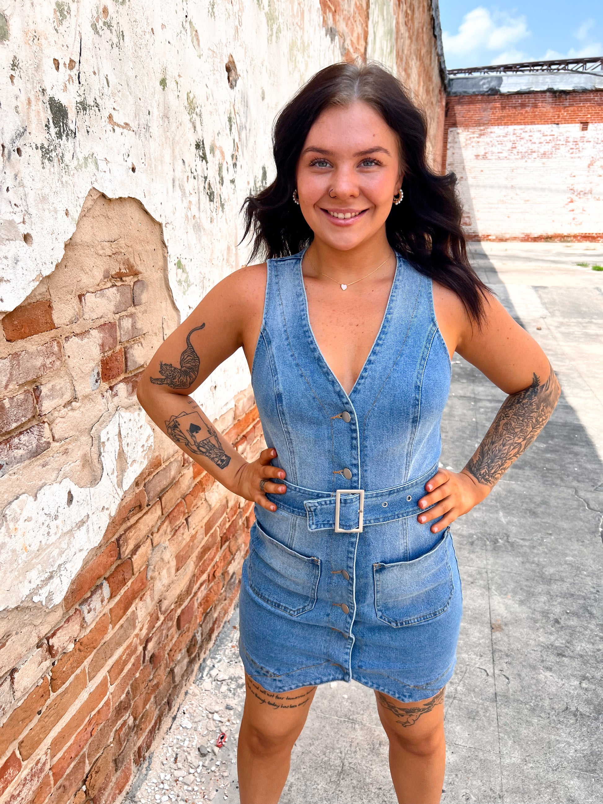 Lina Sleeveless V-Neck Vest Style Denim Mini Dress-Apparel & Accessories-le lis-08/08/24, 1st md, Bin b2, FD 05/15/24, ID2844-The Twisted Chandelier