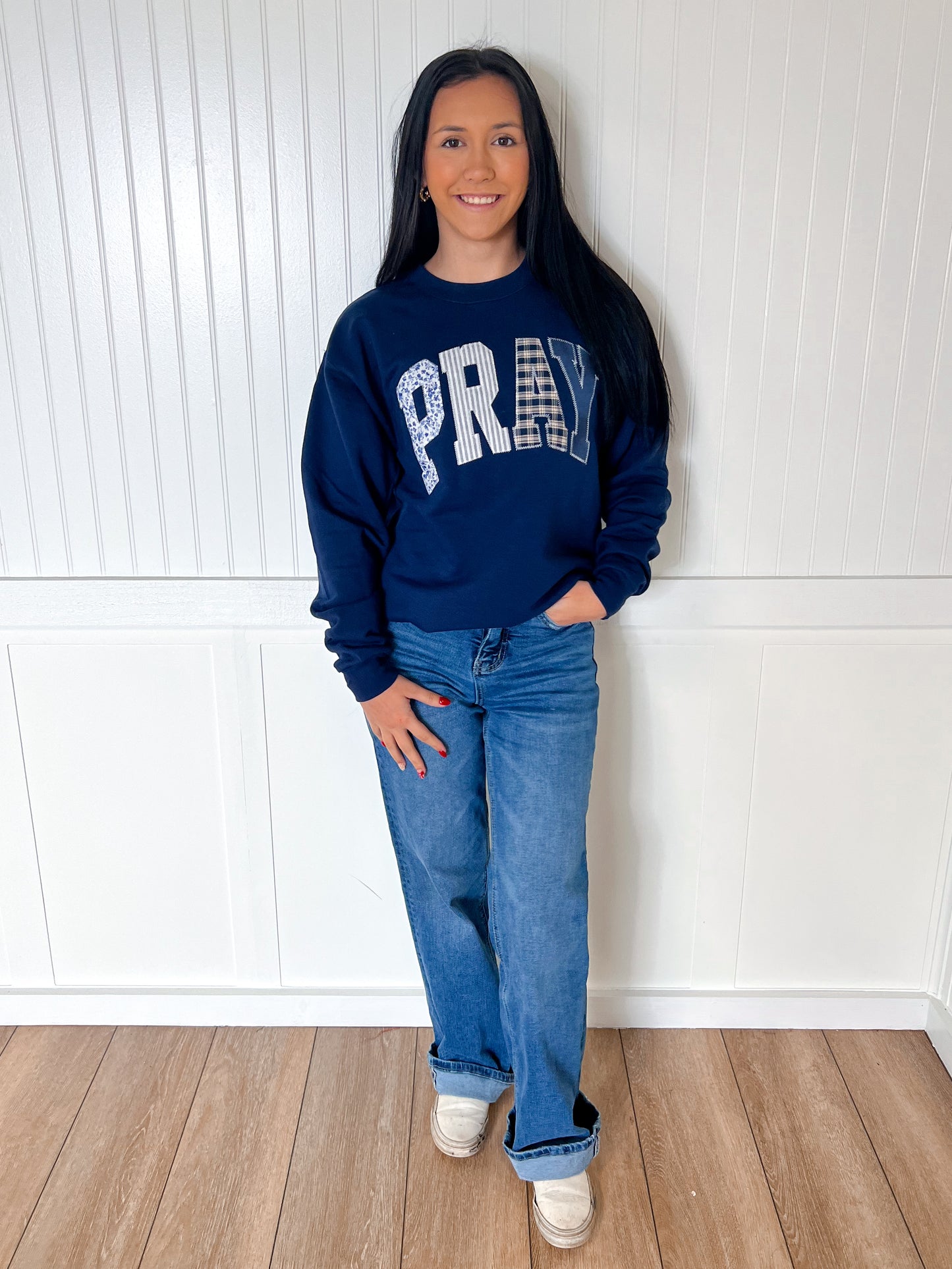 Pray Navy Faith Sweatshirt -Shop Southern Belle-Tops Collection-The Twisted Chandelier