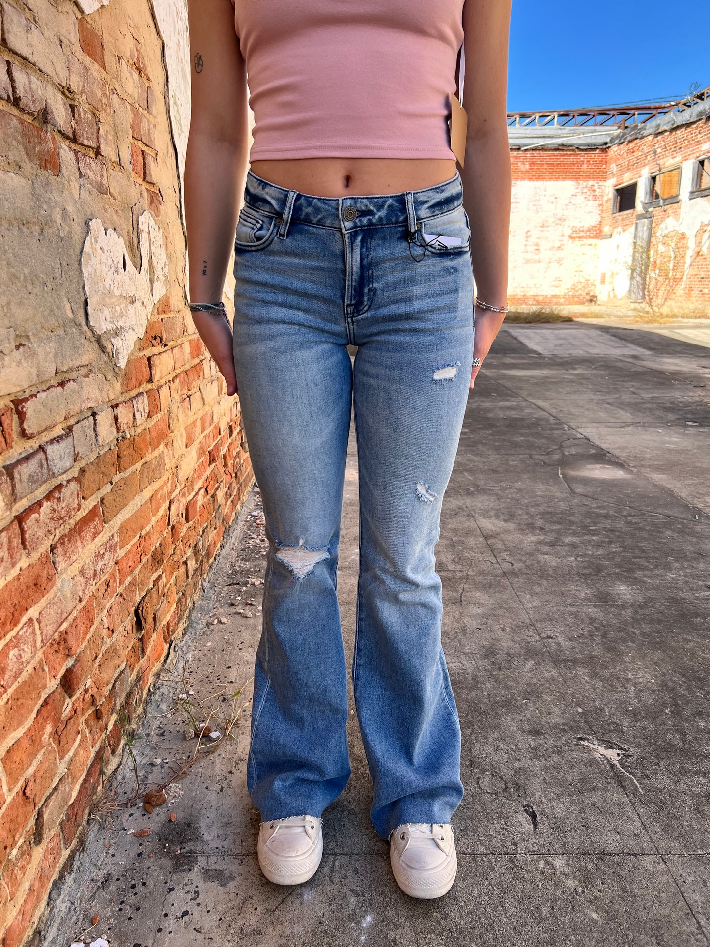 Happi Medium Light Mid Rise Distressed 33" Inseam Flare-Hidden Jeans-Bin b6, bottoms, CR 10/21/24, FD 10/22/24-The Twisted Chandelier