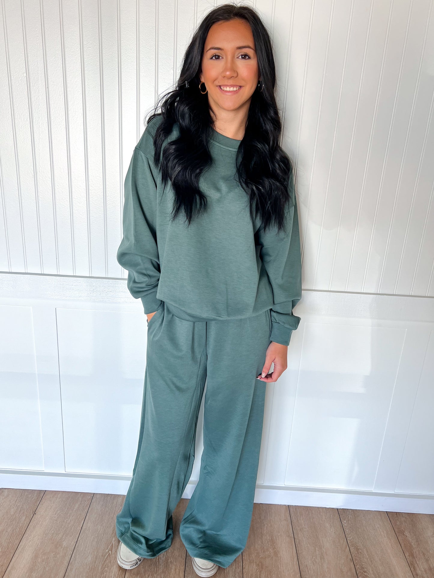 Mabel Cozy Scuba Crewneck Pullover & Wide Leg Pants 2-Piece Set-Outfit Sets-Zenana-FD 11/6/25-The Twisted Chandelier