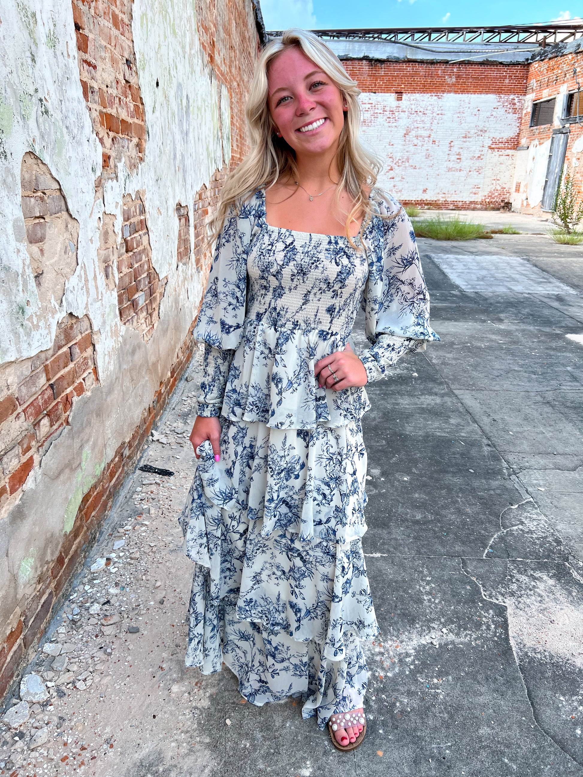 Josephine Floral China Print Long Sleeve Tiered Maxi Dress-Maxi Dress-Entro-BIN A5, CR 08/21/24-The Twisted Chandelier