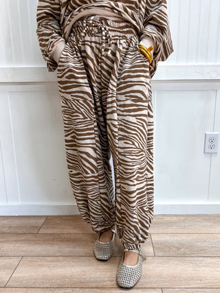 Zaria Zebra Print Relaxed Fit Barrel Leg Pants