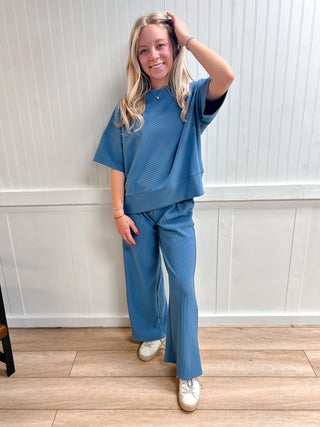 Jovie Ribbed Round Neck Tee & Pants Set – Soft Knit Two-Piece Lounge Outfit - Dusty Blue-Outfit Sets-Zenana-05/07/26,FD 03/12/26,OGP 59.95-The Twisted Chandelier