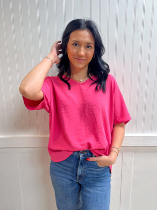 Brynn Woven Airflow V-Neck Short Sleeve Top - Fuchsia-Shirts & Tops-ZENANA-05/26/26,FD 03/12/26,OGP 39.99,Tops Collection-The Twisted Chandelier