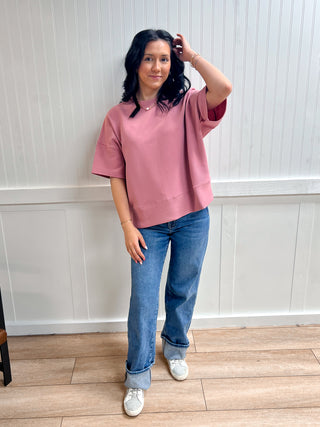 Kinsley Ribbed Round Neck Waist Banded Tee Shirts - Light Rose-Shirts & Tops-Zenana-FD 03/12/26,Tops Collection-The Twisted Chandelier