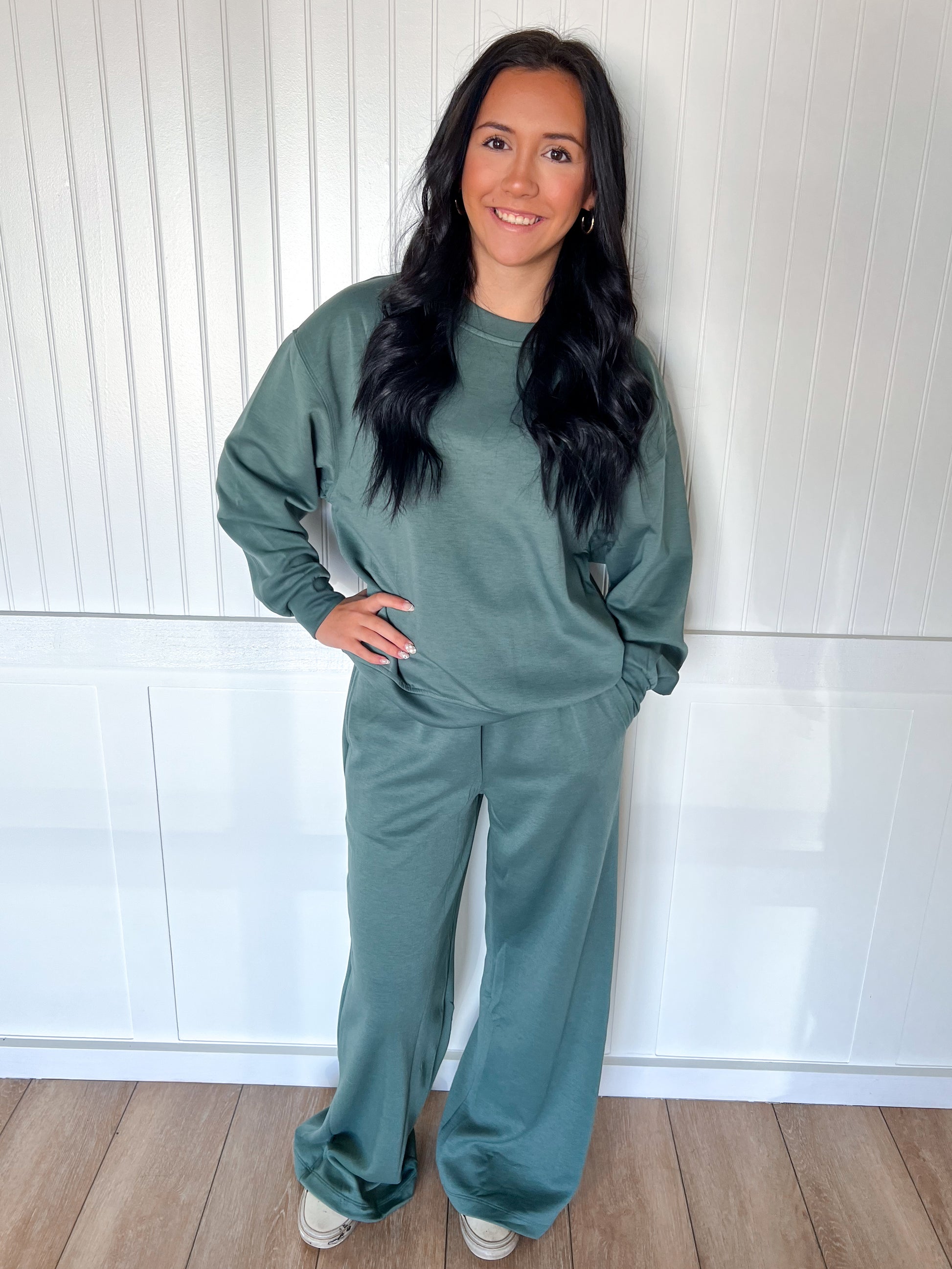 Mabel Cozy Scuba Crewneck Pullover & Wide Leg Pants 2-Piece Set-Outfit Sets-Zenana-FD 11/6/25-The Twisted Chandelier