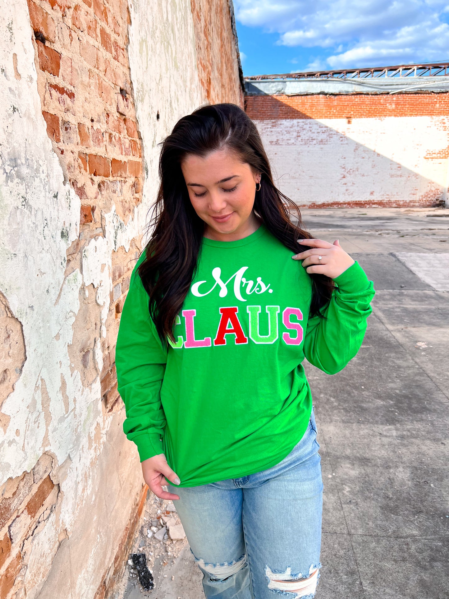 Soft Ideal Chenille Mrs. Claus Long Sleeve T-Shirt-TOPS-Tees2urdoor-BIN D6-The Twisted Chandelier