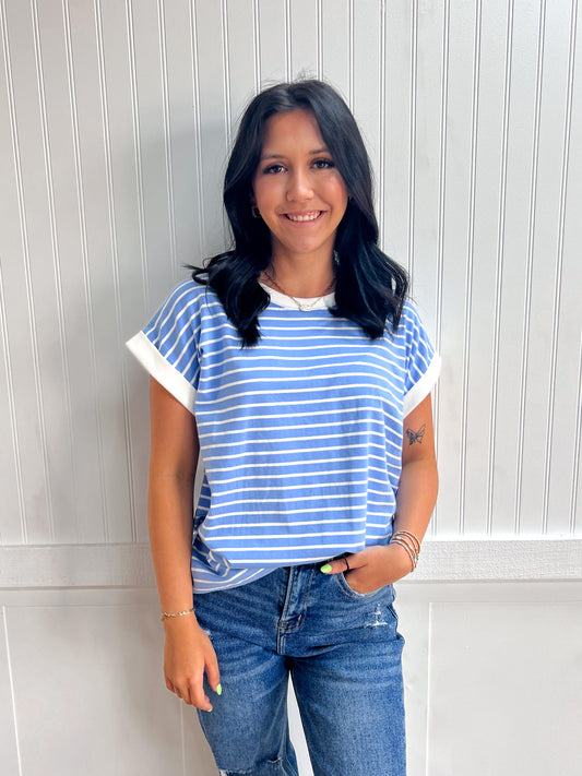 Carly Contrast Trim Cap Sleeve Stripe Tee-Top-Zenana-FD 05/26/26,Tops Collection-The Twisted Chandelier