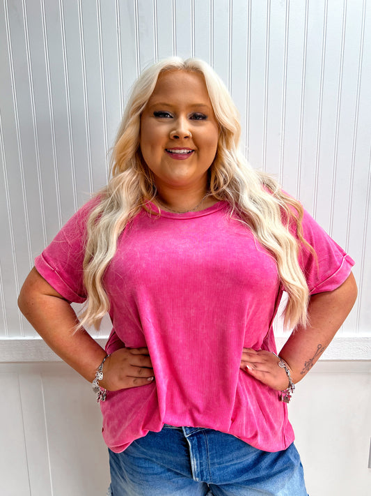 Ryland Washed Ribbed Cuffed Short Sleeve Round Neck Top Plus - Fuschia-Top-Zenana-FD 05/26/26,Tops Collection-The Twisted Chandelier
