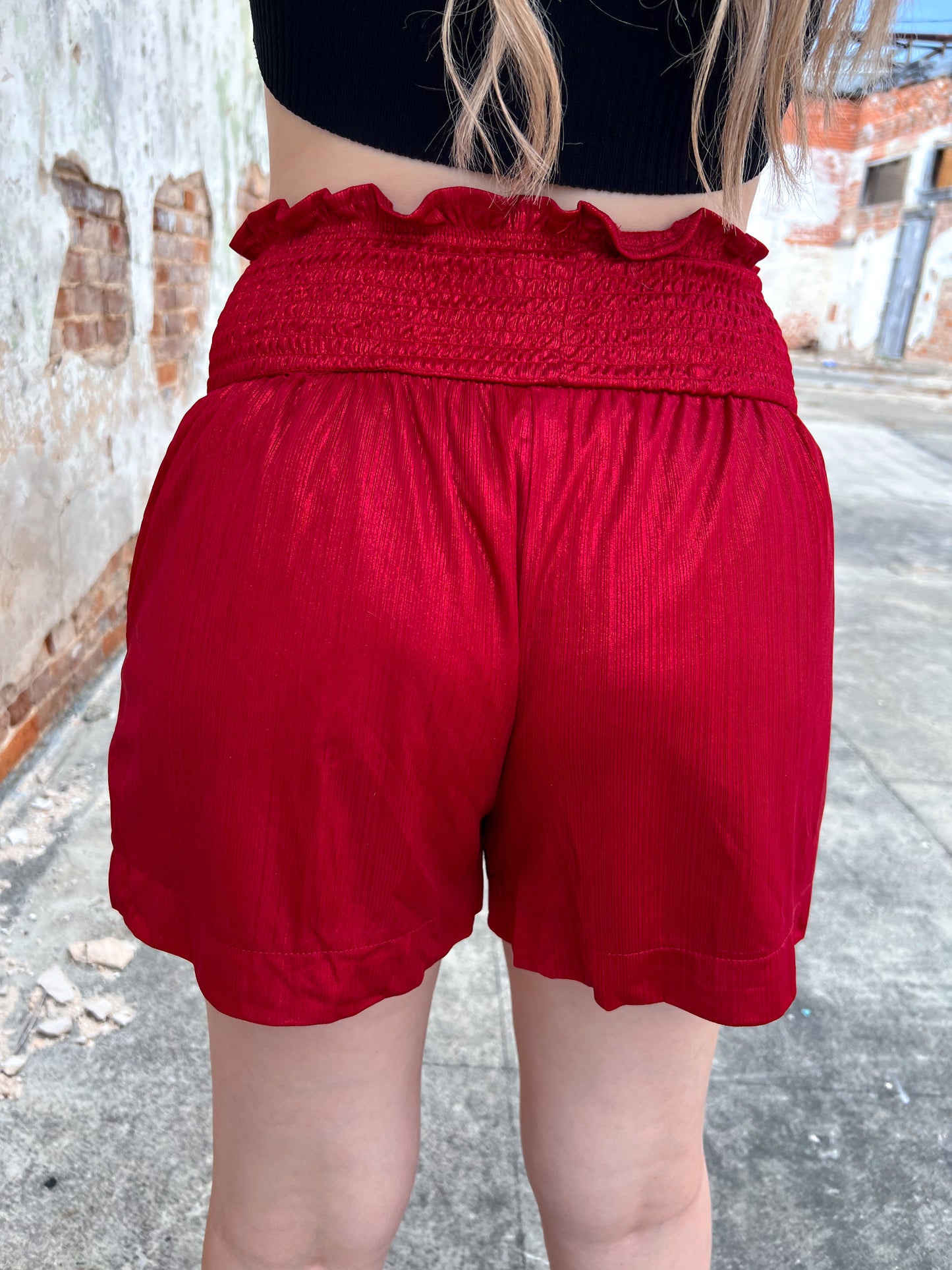 Red High Waisted Shimmer Shorts-Shorts-Southern Grace Wholesale-04/25, 1st md, BIN A5, Max Retail-The Twisted Chandelier