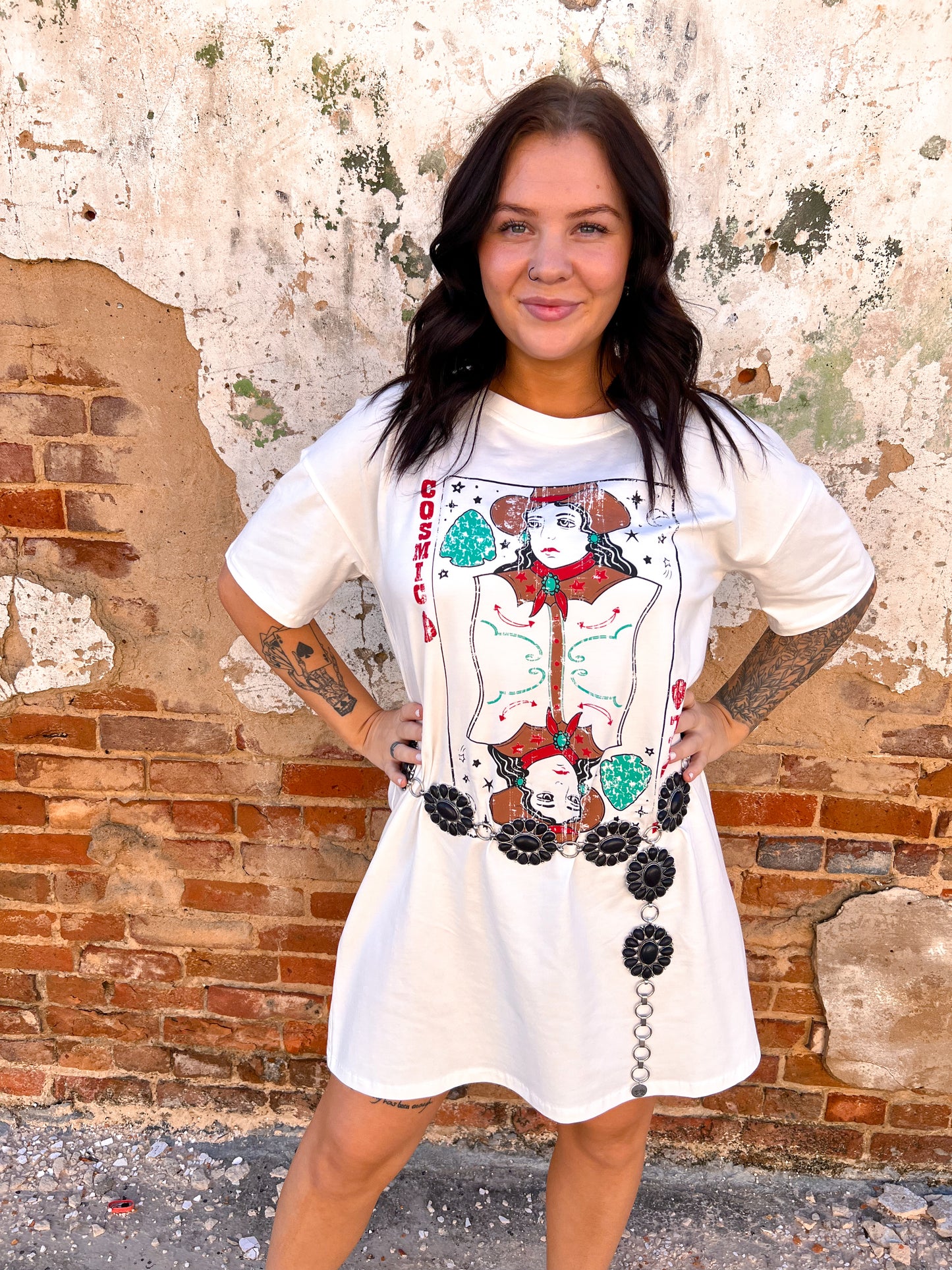 Cosmic Cowgirl On White Tee-Dress-Southern Grace Wholesale-07/06/24, 1st md, 8/8/23, Max Retail-The Twisted Chandelier