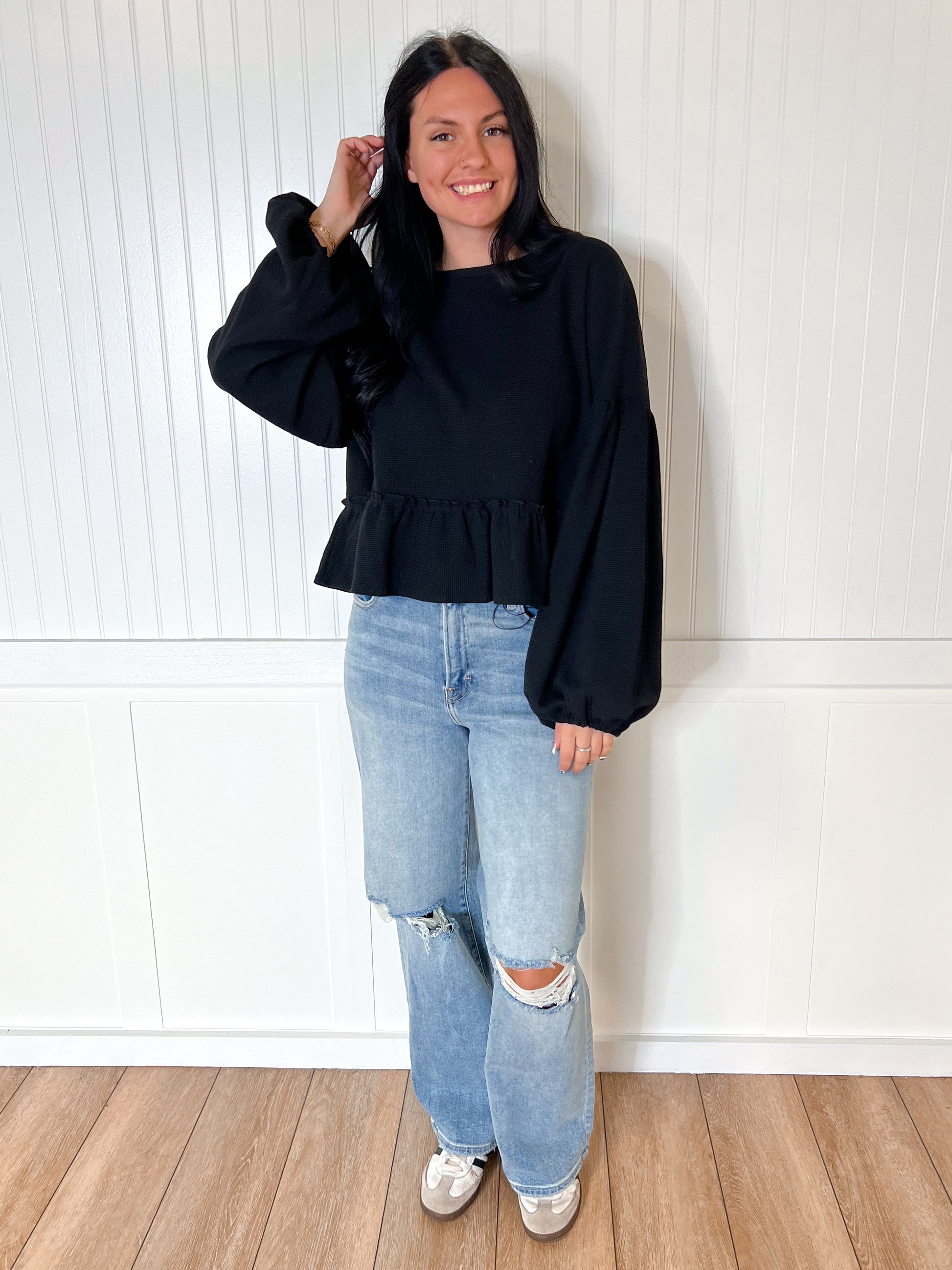 Halston Waffle Top - Black-BLOUSE TOP-Southern Grace Wholesale-Max Retail,Tops Collection-The Twisted Chandelier