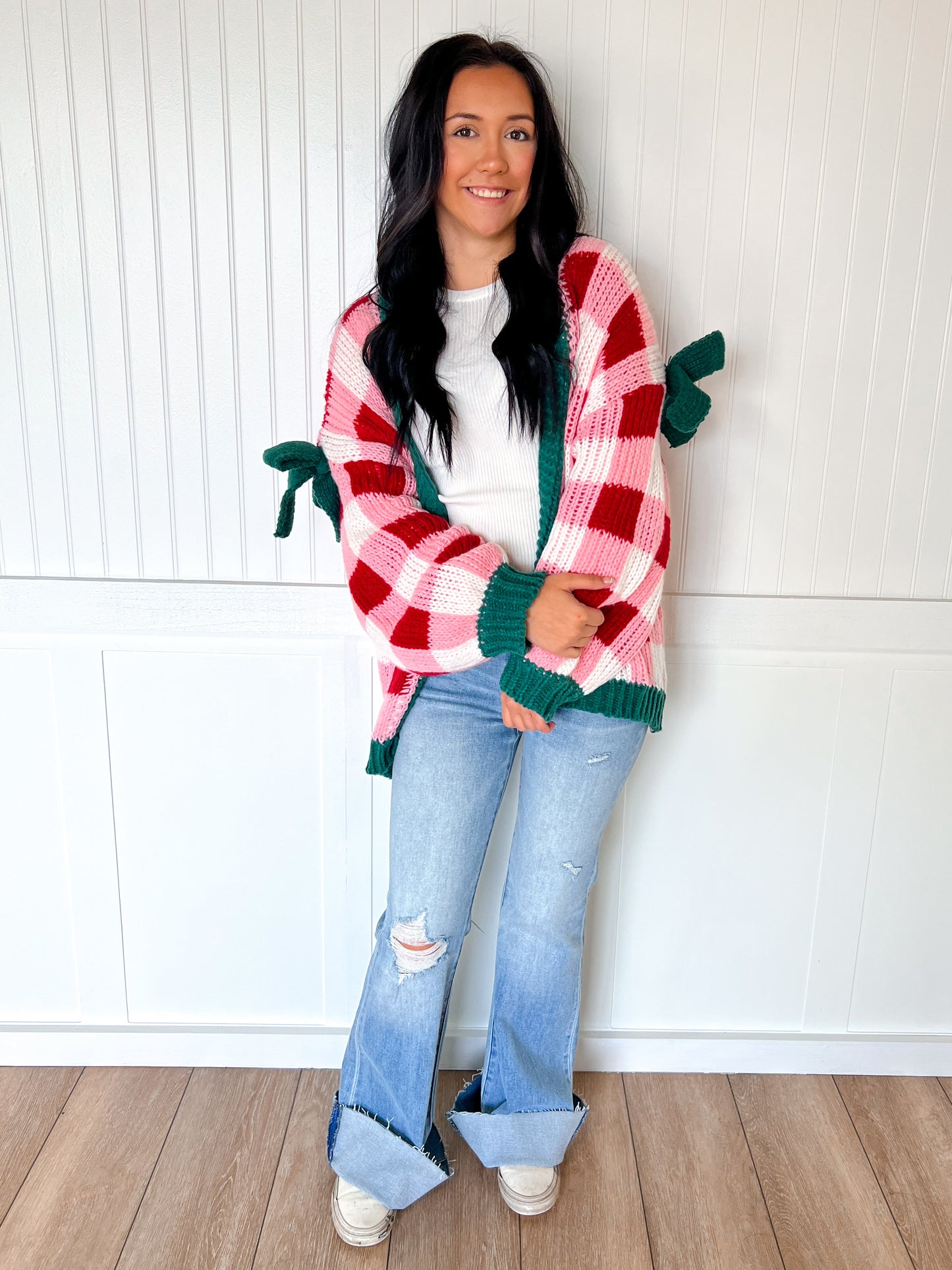 Tinsley Christmas Checkered Open Front Cardigan with Ribbon Sleeve Detail-Cardigan-BiBi-FD 11/6/25-The Twisted Chandelier