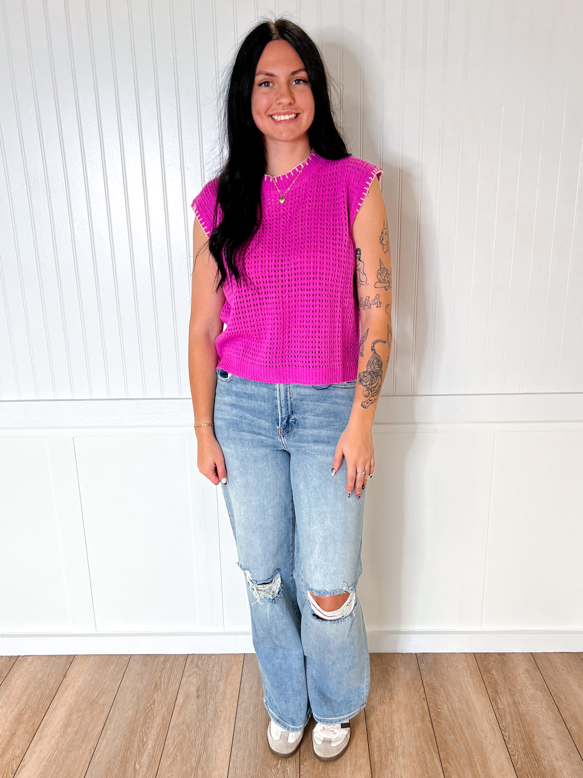 Winnie Crochet Knit Stitching Detailed Sleeveless Top-La Miel-1st md,Bin B5,FD 07/29/25,MDS3597,OGP 46.99,Tops Collection-The Twisted Chandelier