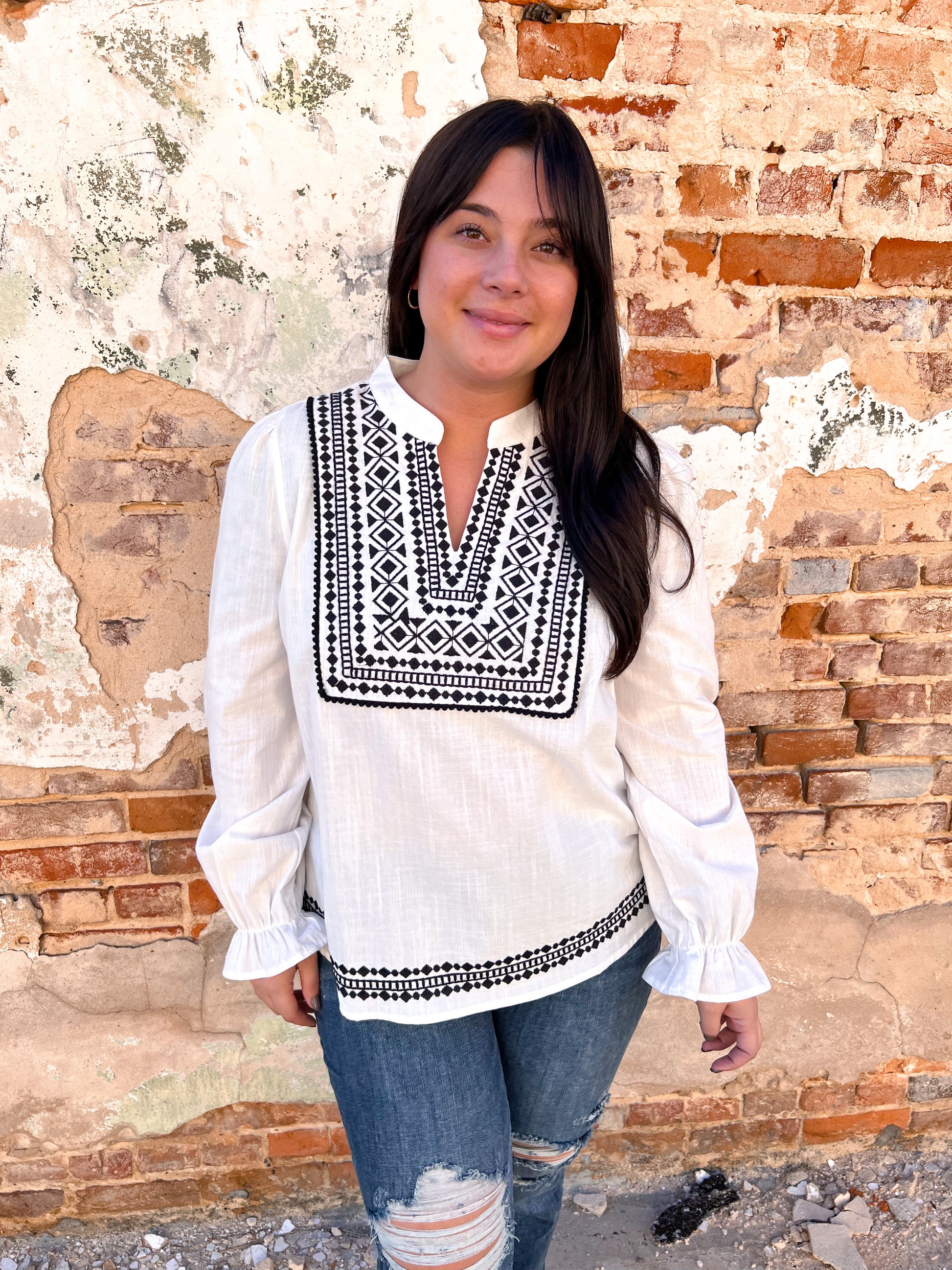 Judy Geometric Embroidered Ivory Top-Dolman Top-Andree-05/15/24, 1st md 6/28, 2nd md, Max Retail, md 7/30, Mystery l -GK2, Mystery Medium - 811X, Mystery Small - HJT7, T11286-The Twisted Chandelier