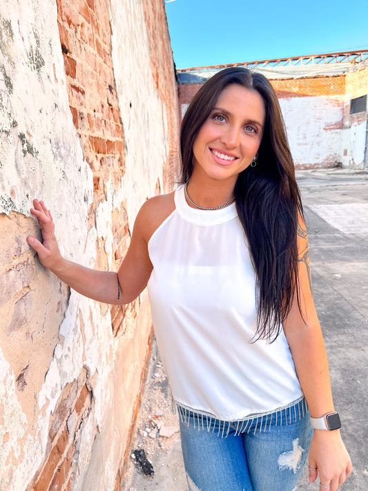 Maelani White Top With Rhinestone Fringe-Shirt-Southern Grace Wholesale-05/25/24, 1st md, 6/27/23, Max Retail-The Twisted Chandelier