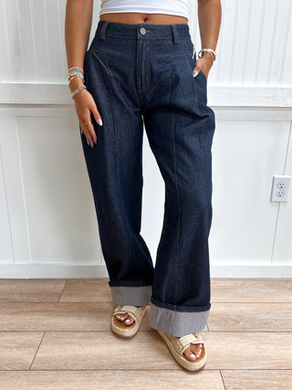 Morgan Dark Denim Wide Leg Cuffed Jeans