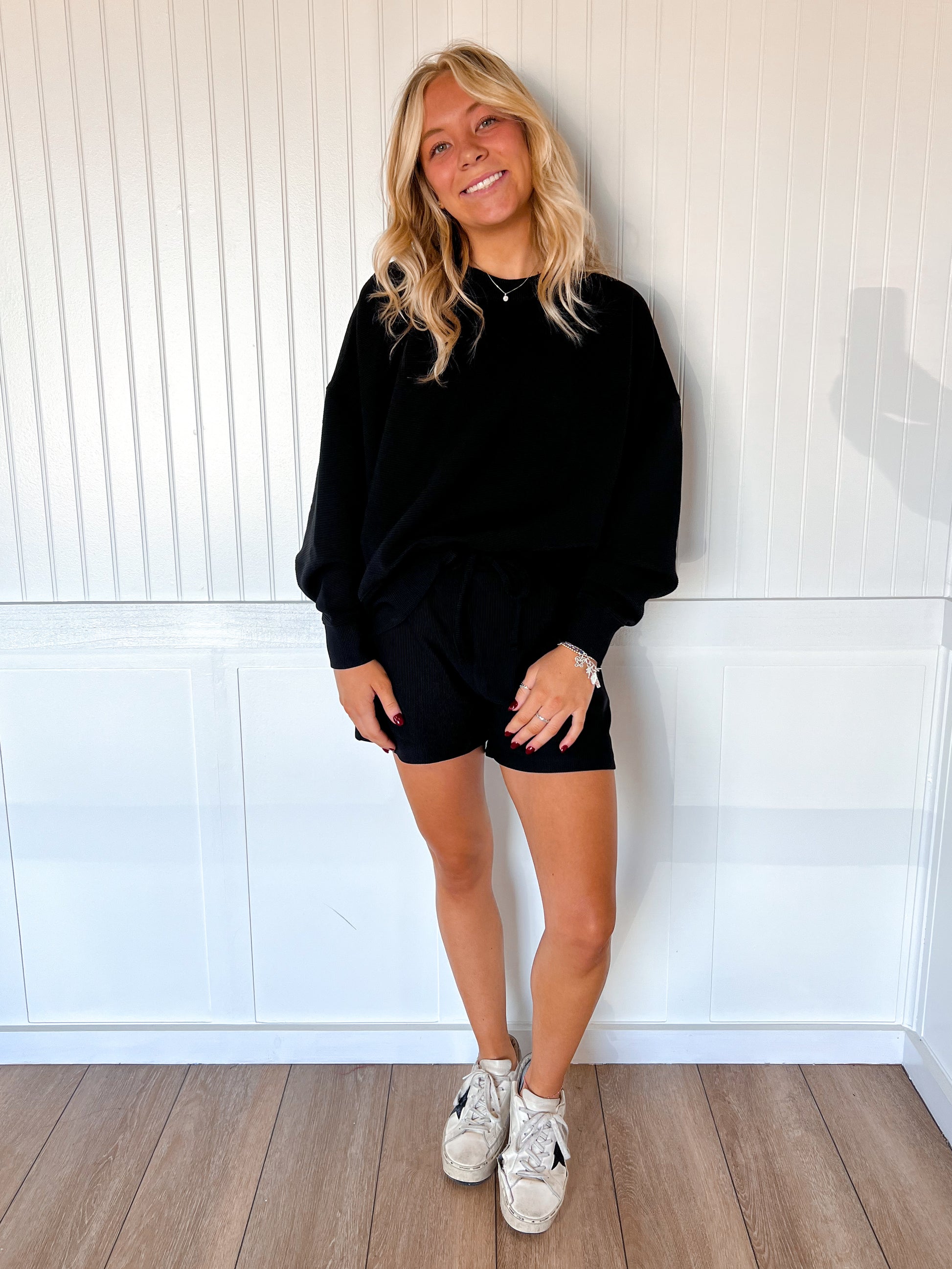 Nila Ribbed Round Neck Pullover and Short Set - Black-Zenana-The Twisted Chandelier