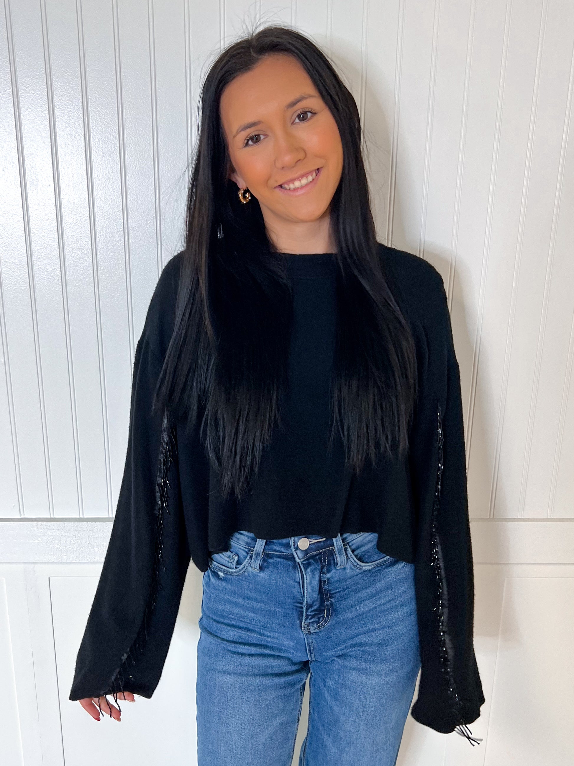 Valentina Black Sweater Rhinestone Fringed Sleeves-Sweater-Vocal-20005L,Max Retail,not on the floor only in totes,Winter Tote T1-The Twisted Chandelier