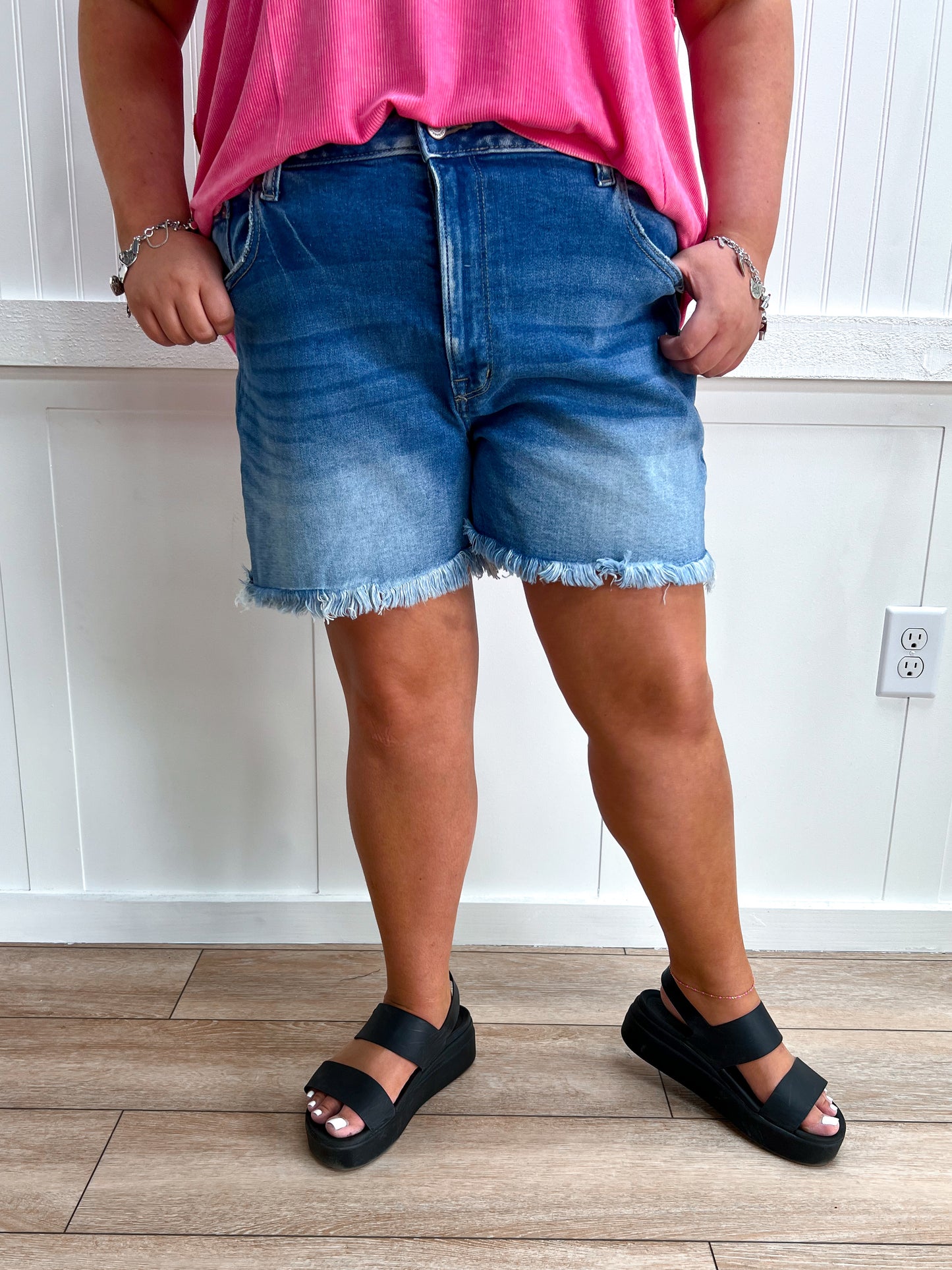 Maddie Medium Wash Denim Shorts-Shorts-Zenana-bottoms,FD 05/22/26-The Twisted Chandelier